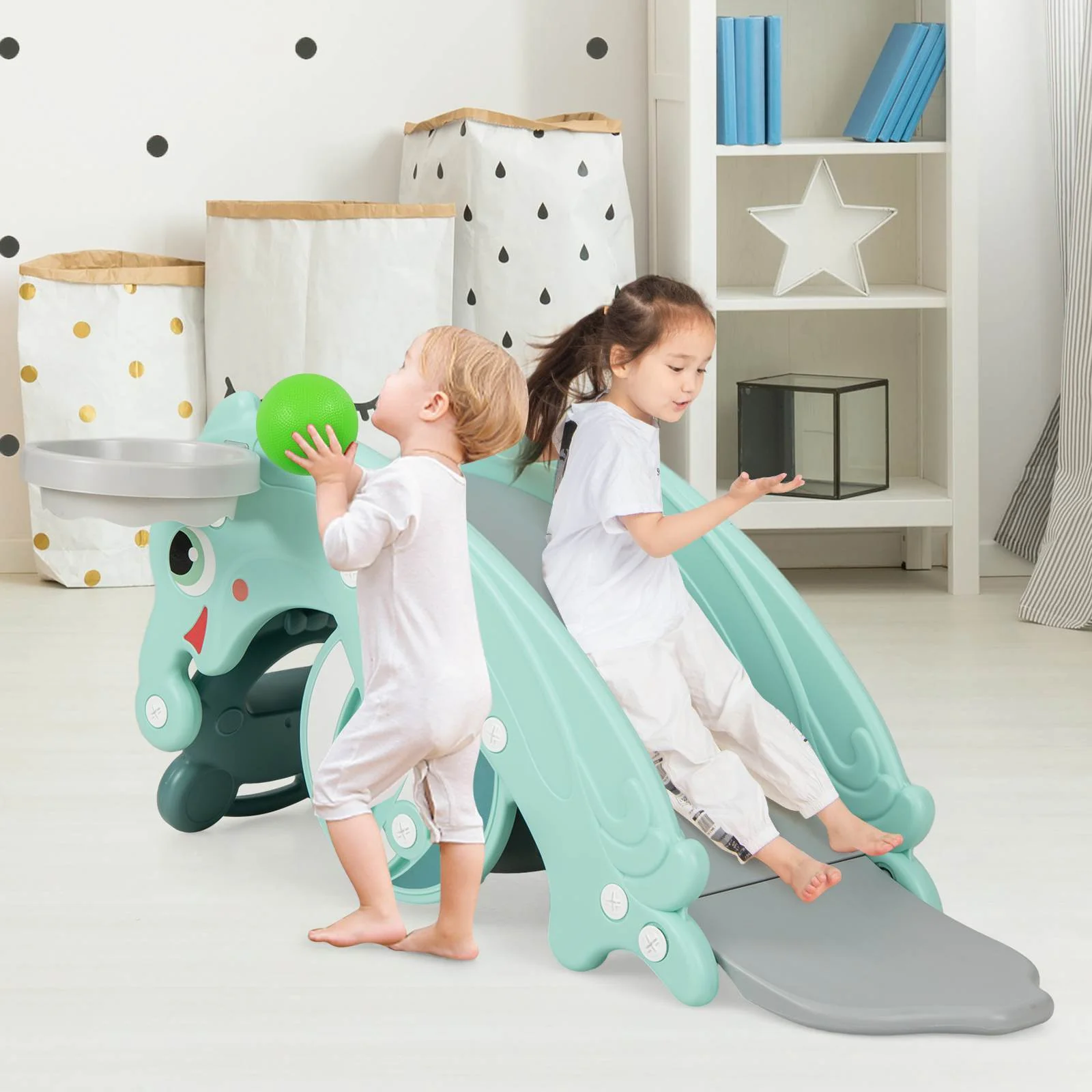 HONEY JOY 3-in-1 Kids Slide Rocking Horse Set with Basketball Hoop Indoor Gift - Image 4