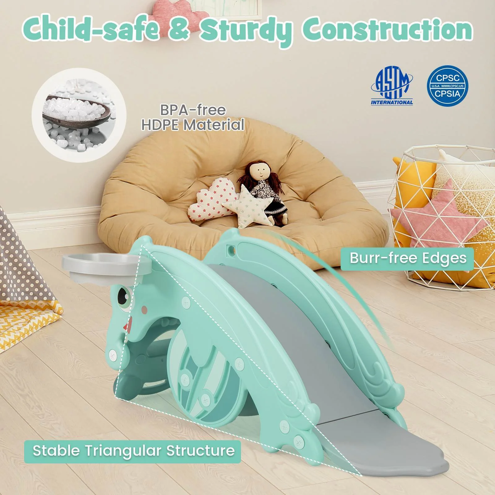 HONEY JOY 3-in-1 Kids Slide Rocking Horse Set with Basketball Hoop Indoor Gift - Image 7
