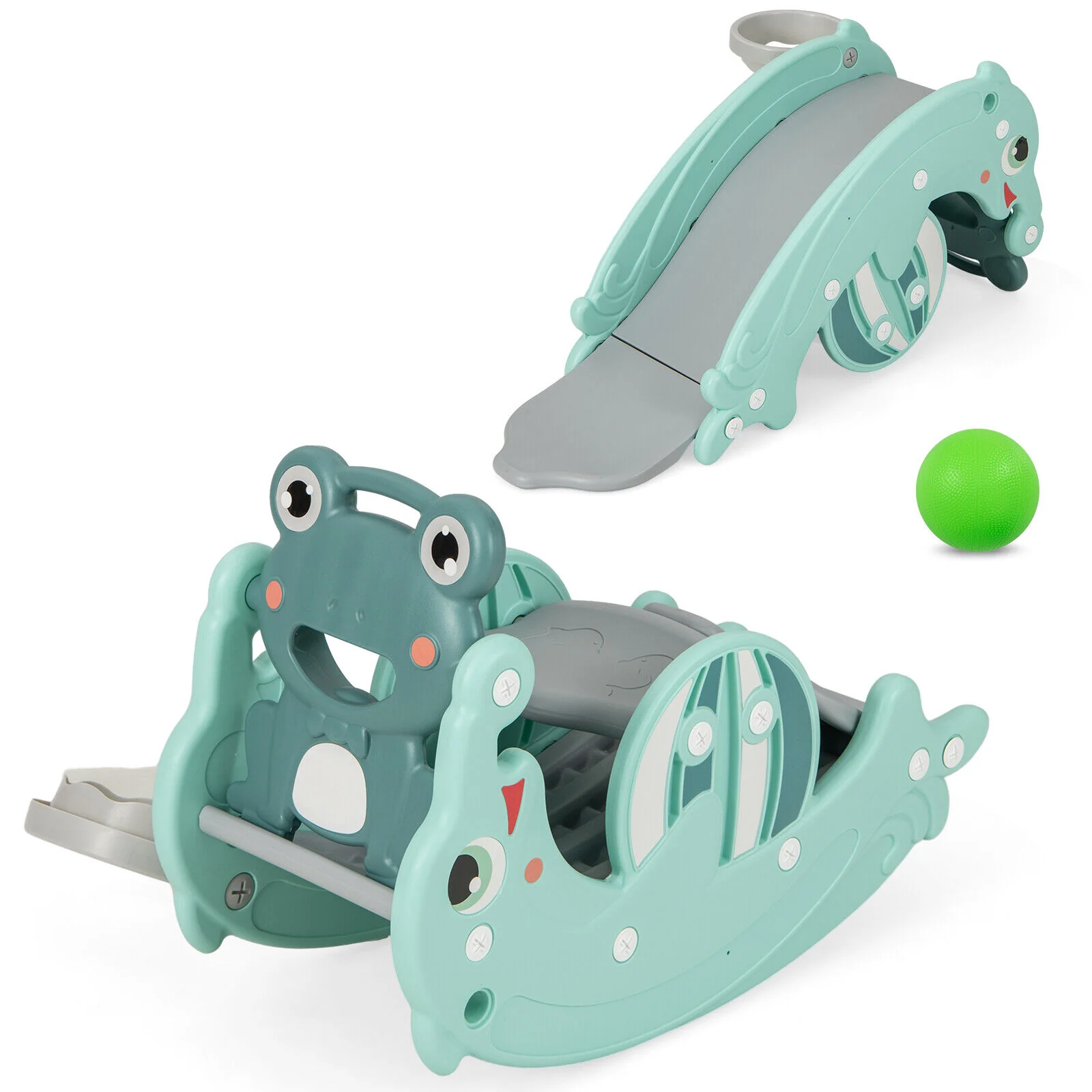 HONEY JOY 3-in-1 Kids Slide Rocking Horse Set with Basketball Hoop Indoor Gift - Image 9