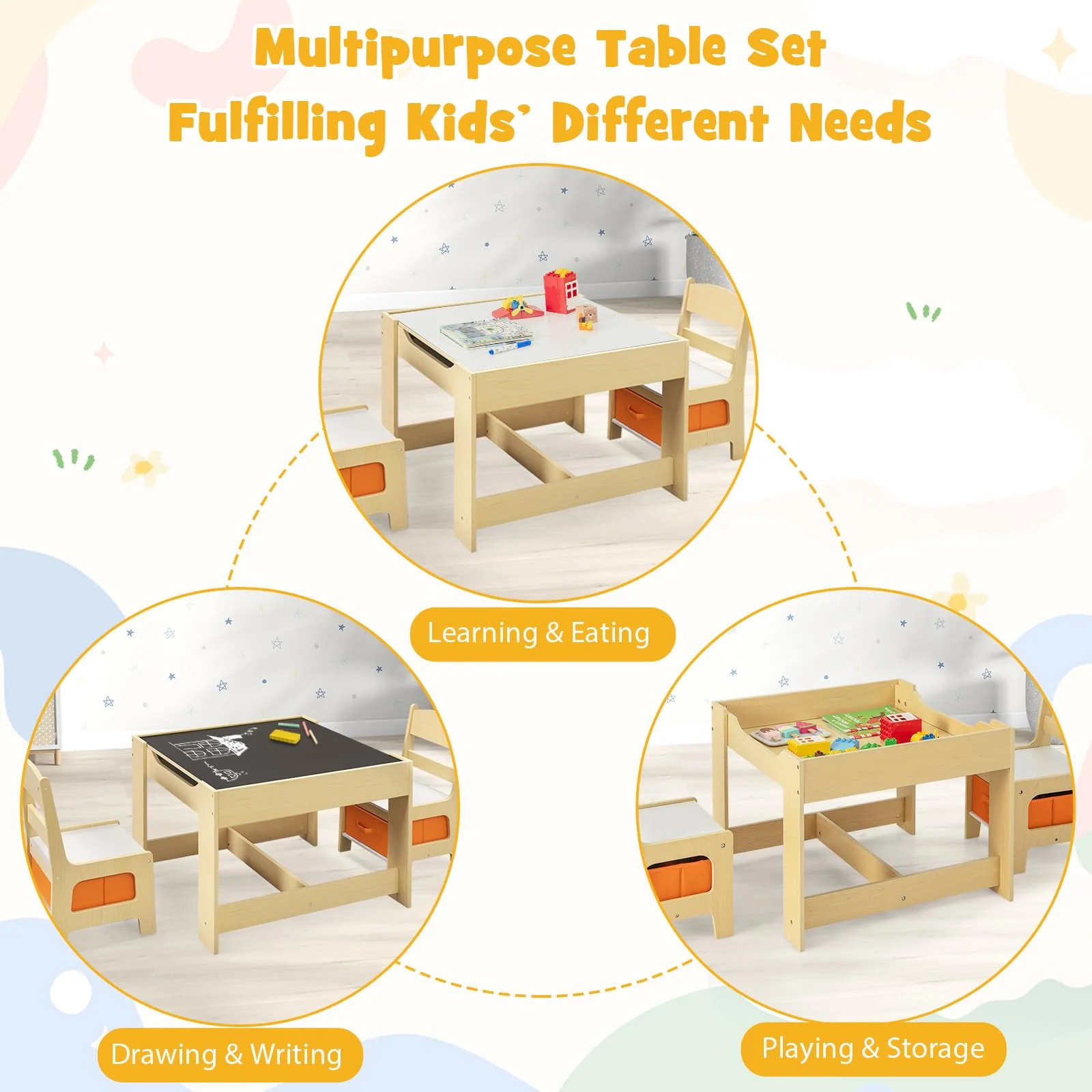HONEY JOY 3 in 1 Kids Wooden Table & 2 Chair Set - Image 3