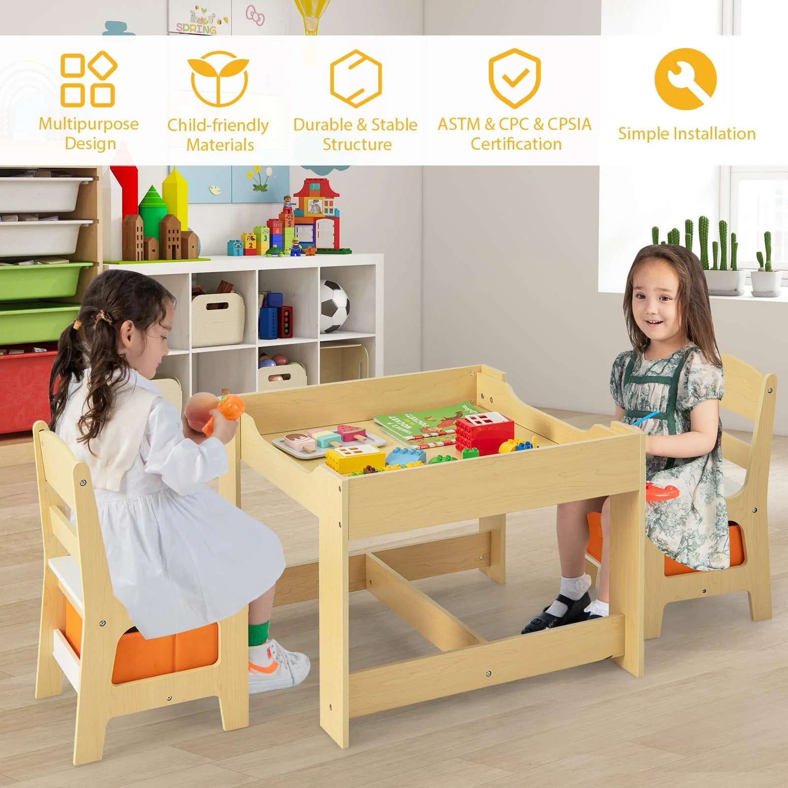 HONEY JOY 3 in 1 Kids Wooden Table & 2 Chair Set - Image 5