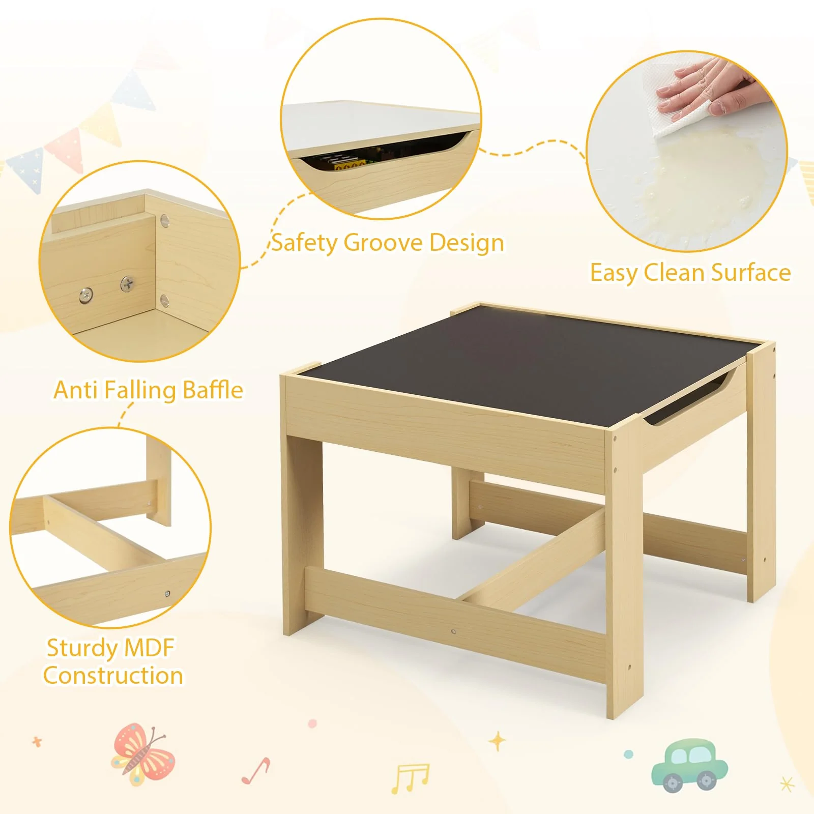 HONEY JOY 3 in 1 Kids Wooden Table & 2 Chair Set - Image 6