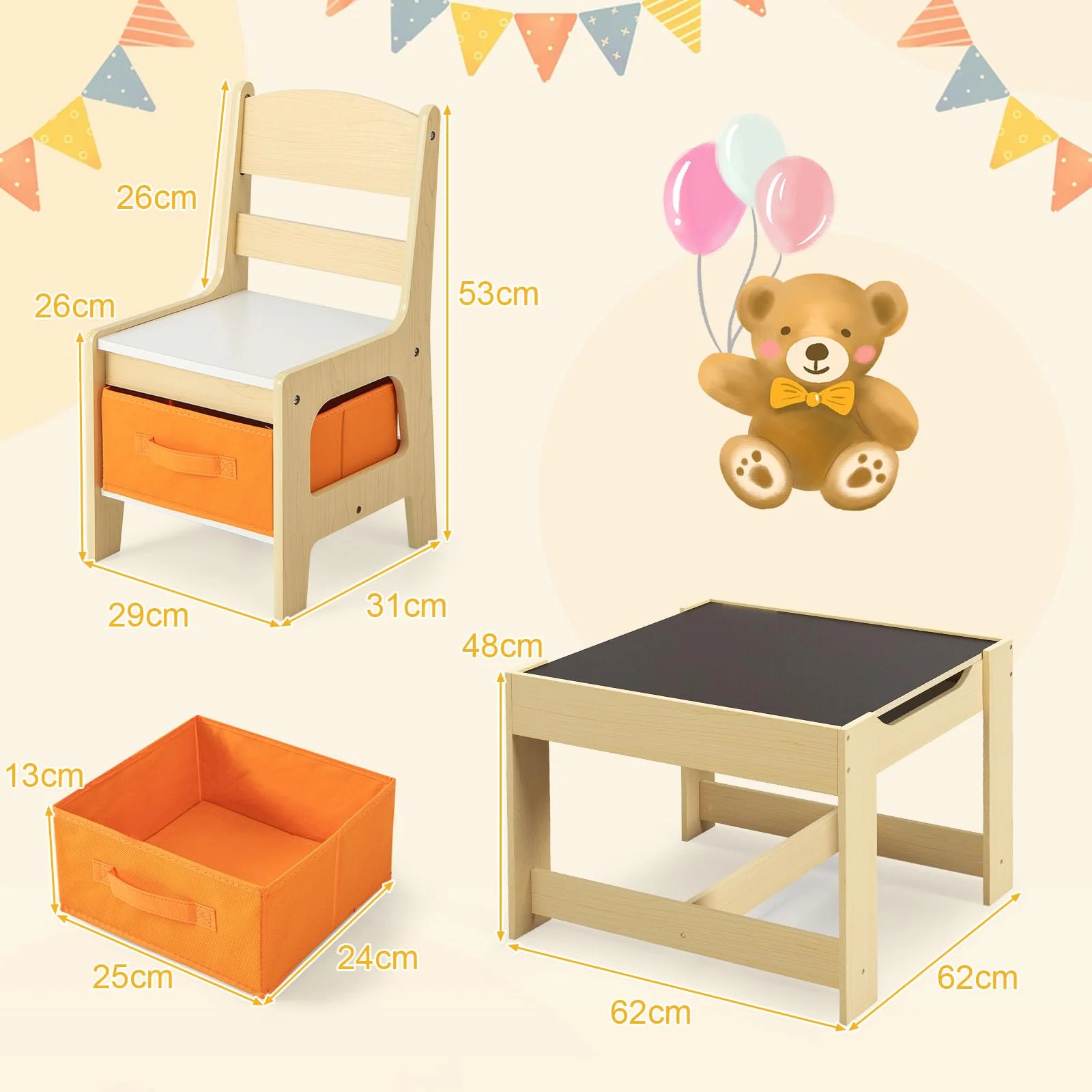 HONEY JOY 3 in 1 Kids Wooden Table & 2 Chair Set - Image 8