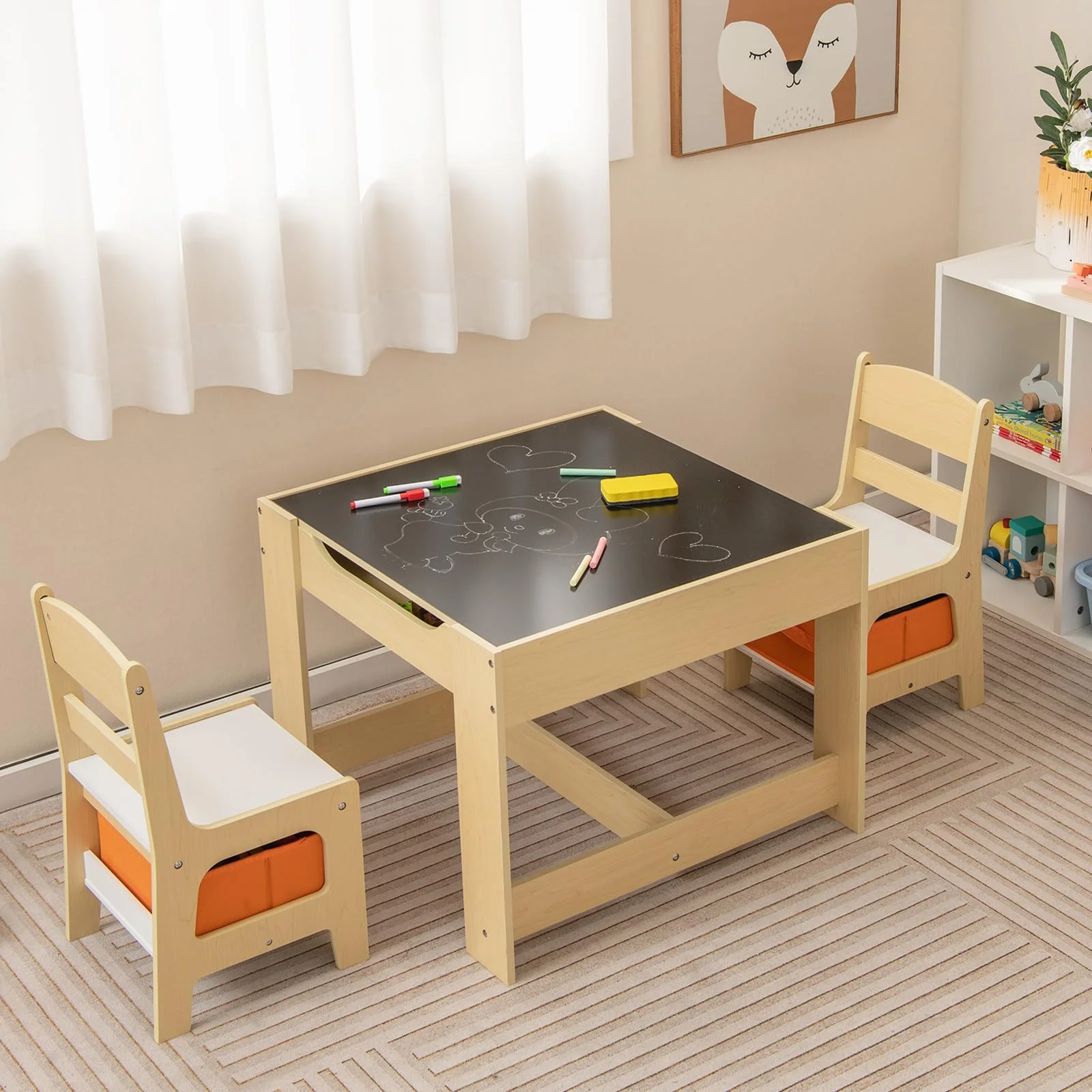 HONEY JOY 3 in 1 Kids Wooden Table & 2 Chair Set - Image 9