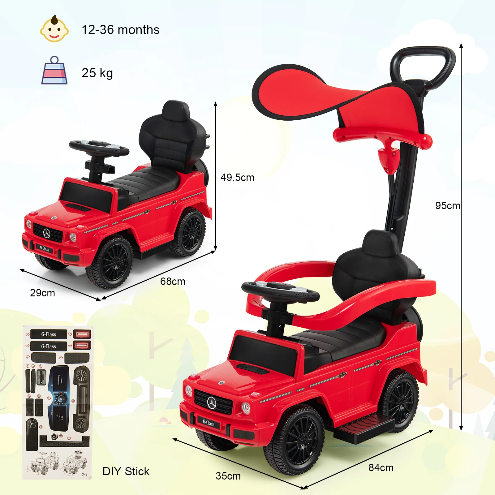 HONEY JOY 3-in-1 Licensed Mercedes Benz Ride on Push Car Kids Sliding Stroller - Image 8