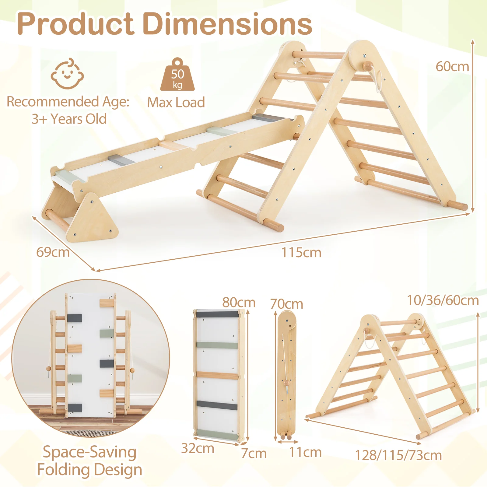 HONEY JOY 3-in-1 Pikler Triangle Climbing Set, Kids Montessori Climbing Toys w/Dual-Side Ramp & Adjustable Climbing Triangle - Image 3