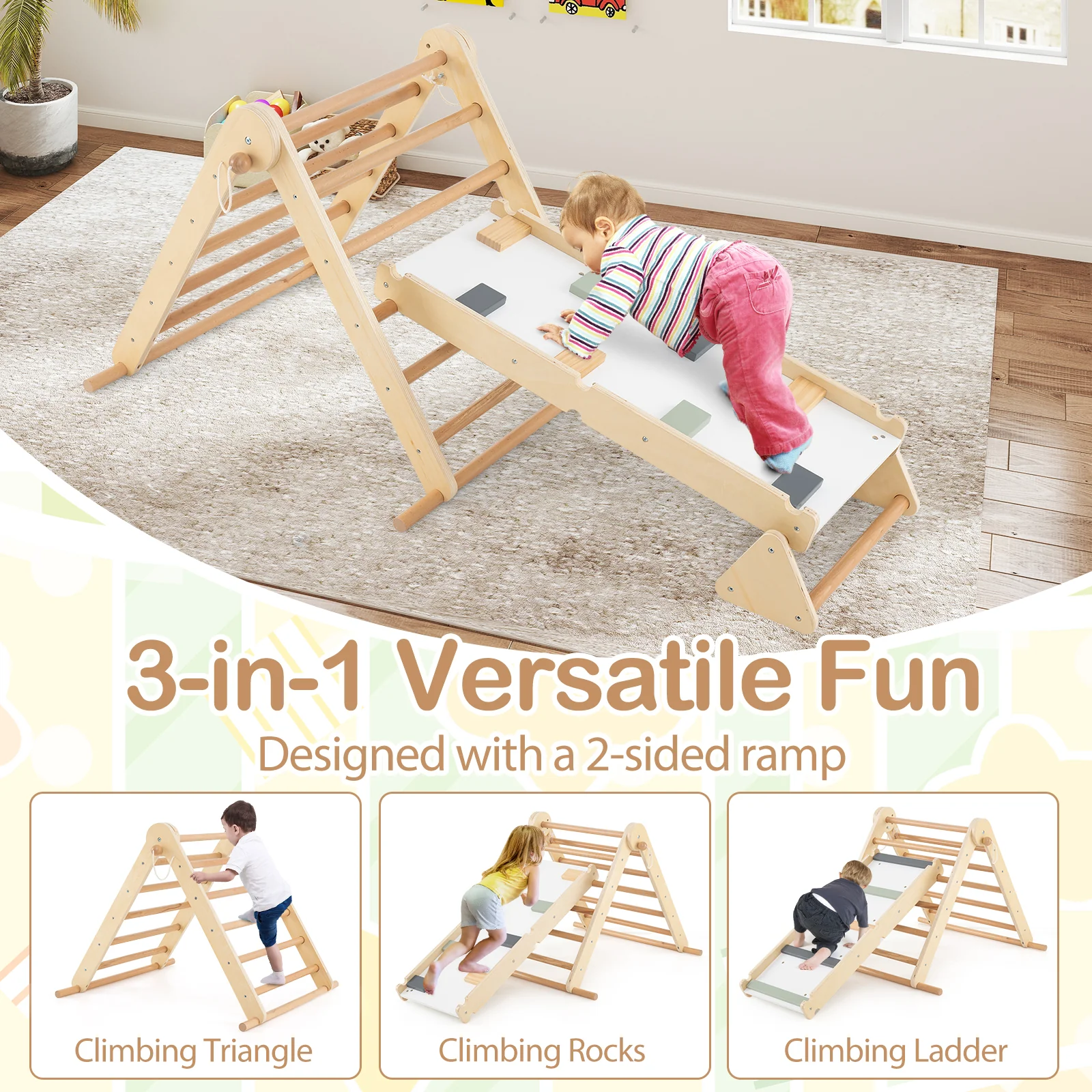 HONEY JOY 3-in-1 Pikler Triangle Climbing Set, Kids Montessori Climbing Toys w/Dual-Side Ramp & Adjustable Climbing Triangle - Image 4