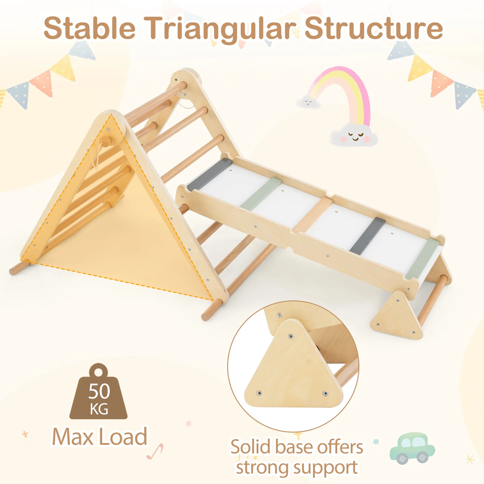 HONEY JOY 3-in-1 Pikler Triangle Climbing Set, Kids Montessori Climbing Toys w/Dual-Side Ramp & Adjustable Climbing Triangle - Image 6