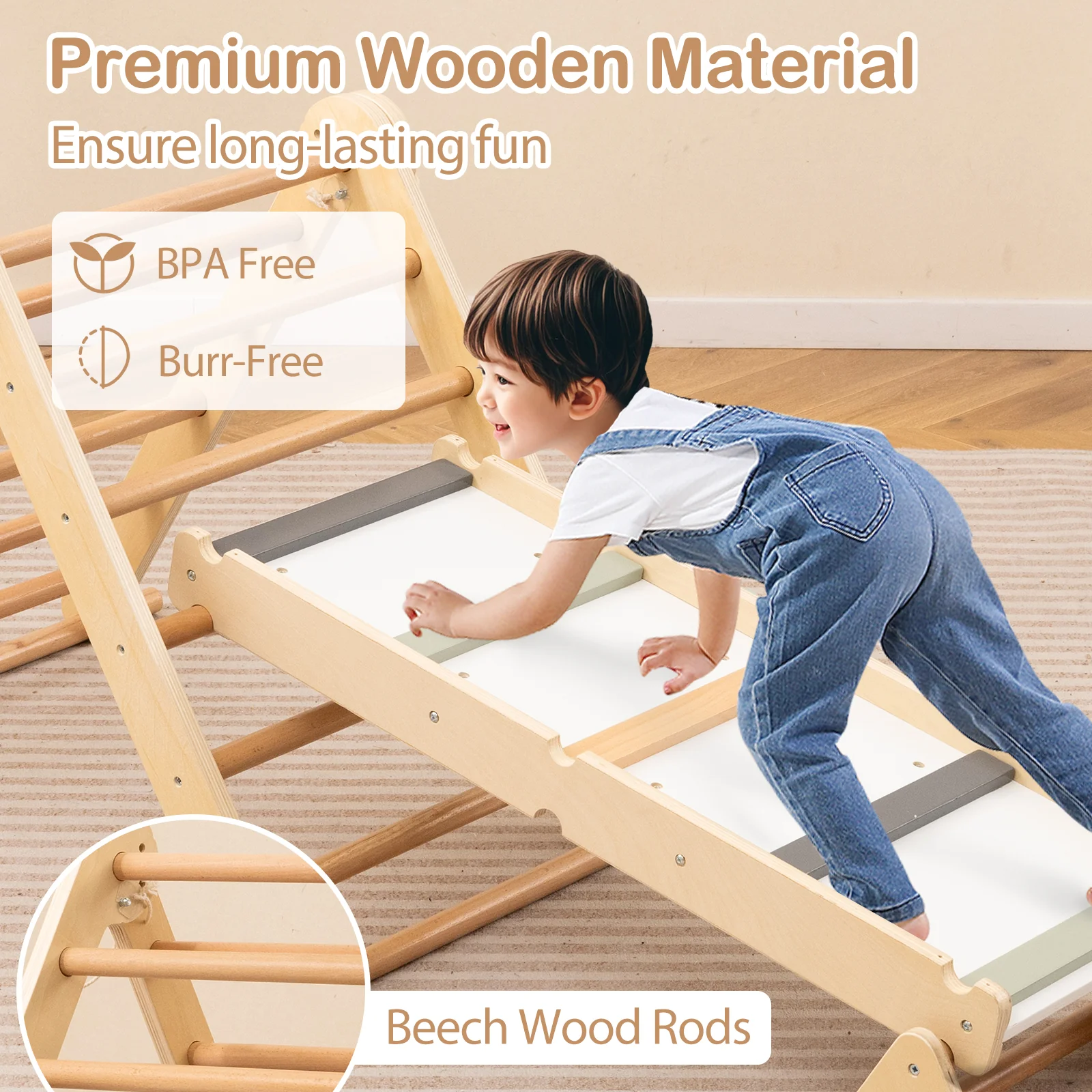 HONEY JOY 3-in-1 Pikler Triangle Climbing Set, Kids Montessori Climbing Toys w/Dual-Side Ramp & Adjustable Climbing Triangle - Image 7