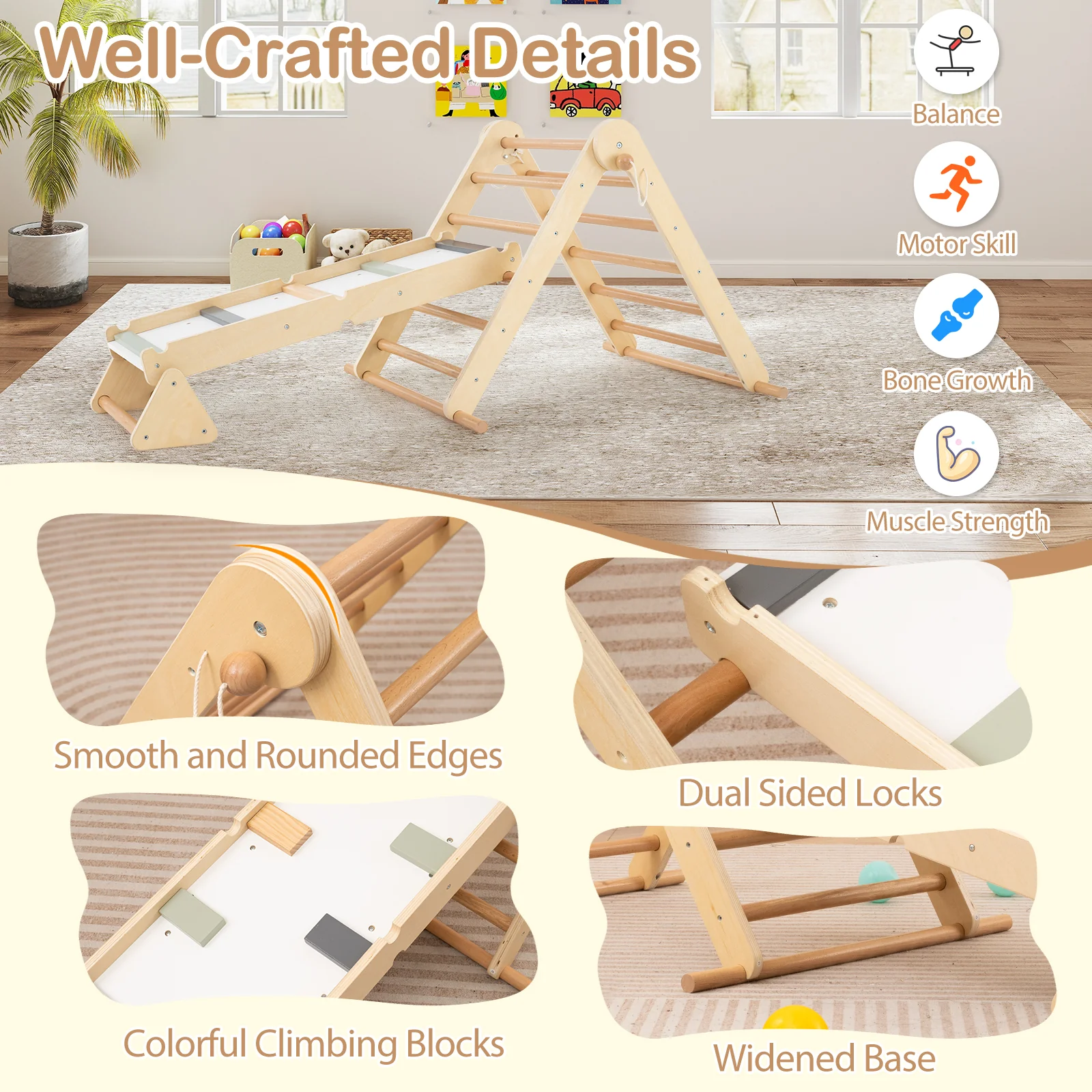 HONEY JOY 3-in-1 Pikler Triangle Climbing Set, Kids Montessori Climbing Toys w/Dual-Side Ramp & Adjustable Climbing Triangle - Image 8