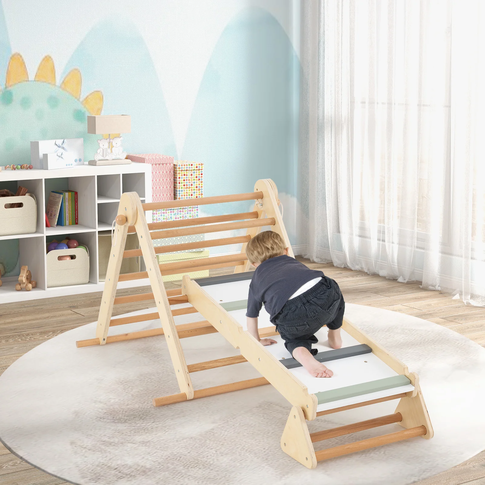 HONEY JOY 3-in-1 Pikler Triangle Climbing Set, Kids Montessori Climbing Toys w/Dual-Side Ramp & Adjustable Climbing Triangle - Image 9