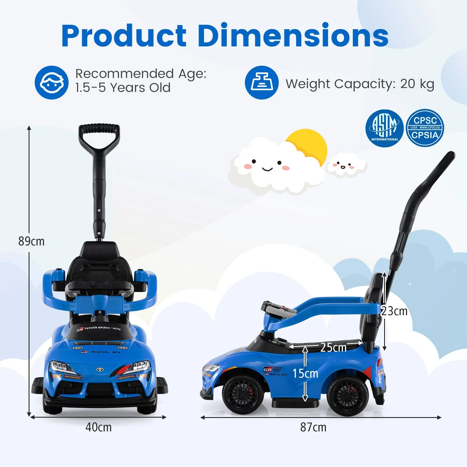 HONEY JOY 3-in-1 Push Car for Toddlers Toyota Licensed Stroller Sliding Walking Car - Image 6
