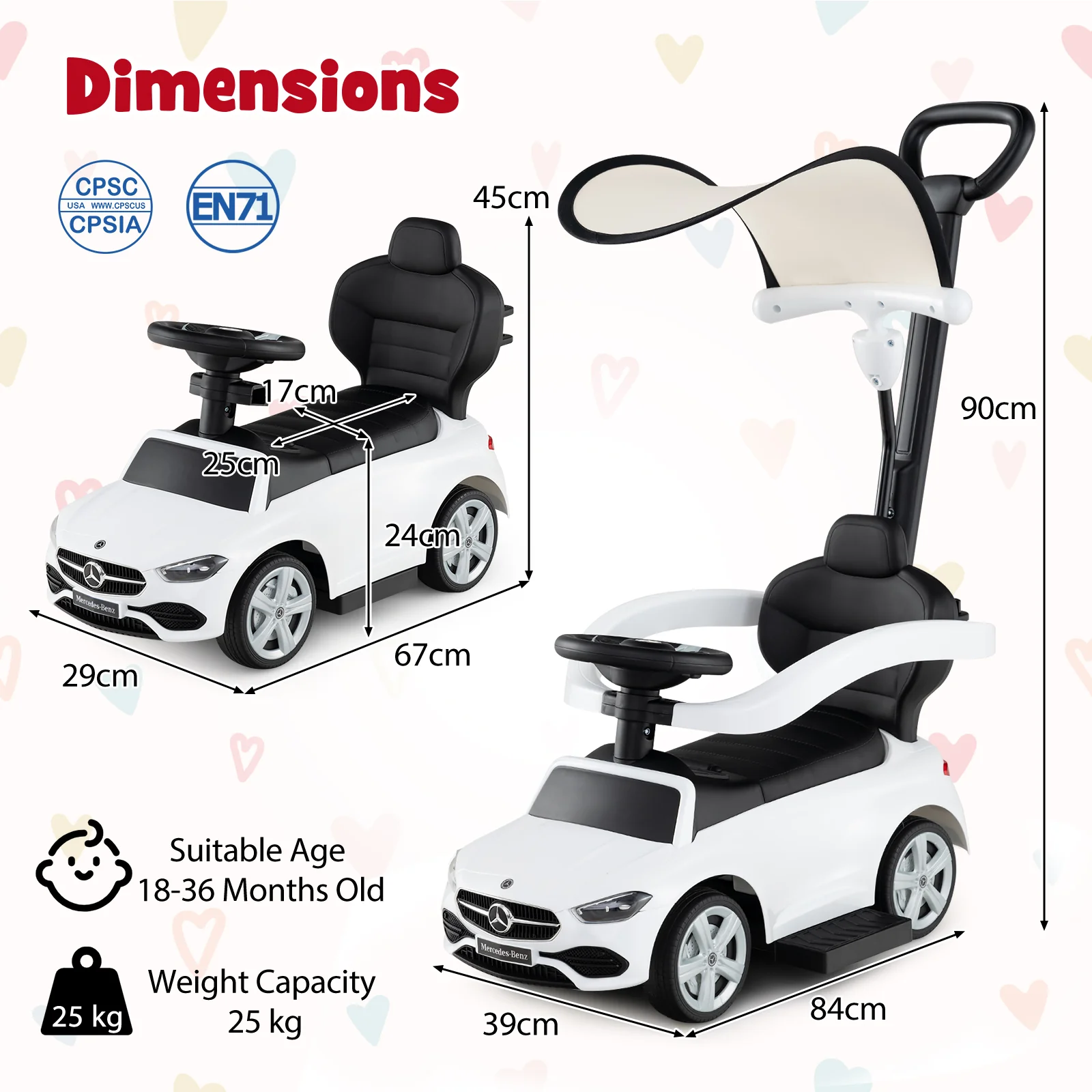 HONEY JOY 3-in-1 Ride on Push Car, Mercedes-Benz Licensed Foot to Floor Sliding Car w/Adjustable Canopy & Steering Push Bar - Image 10