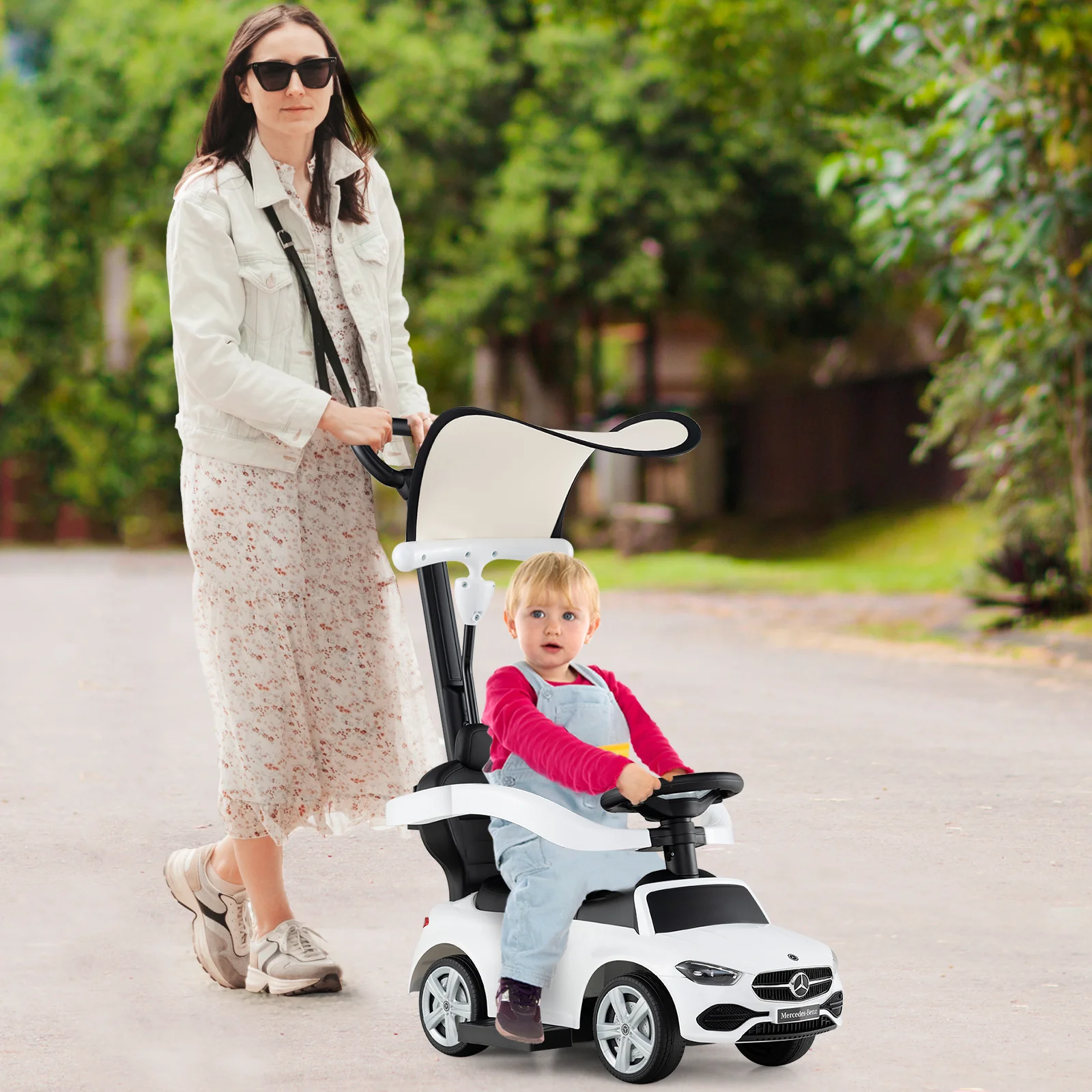 HONEY JOY 3-in-1 Ride on Push Car, Mercedes-Benz Licensed Foot to Floor Sliding Car w/Adjustable Canopy & Steering Push Bar - Image 2