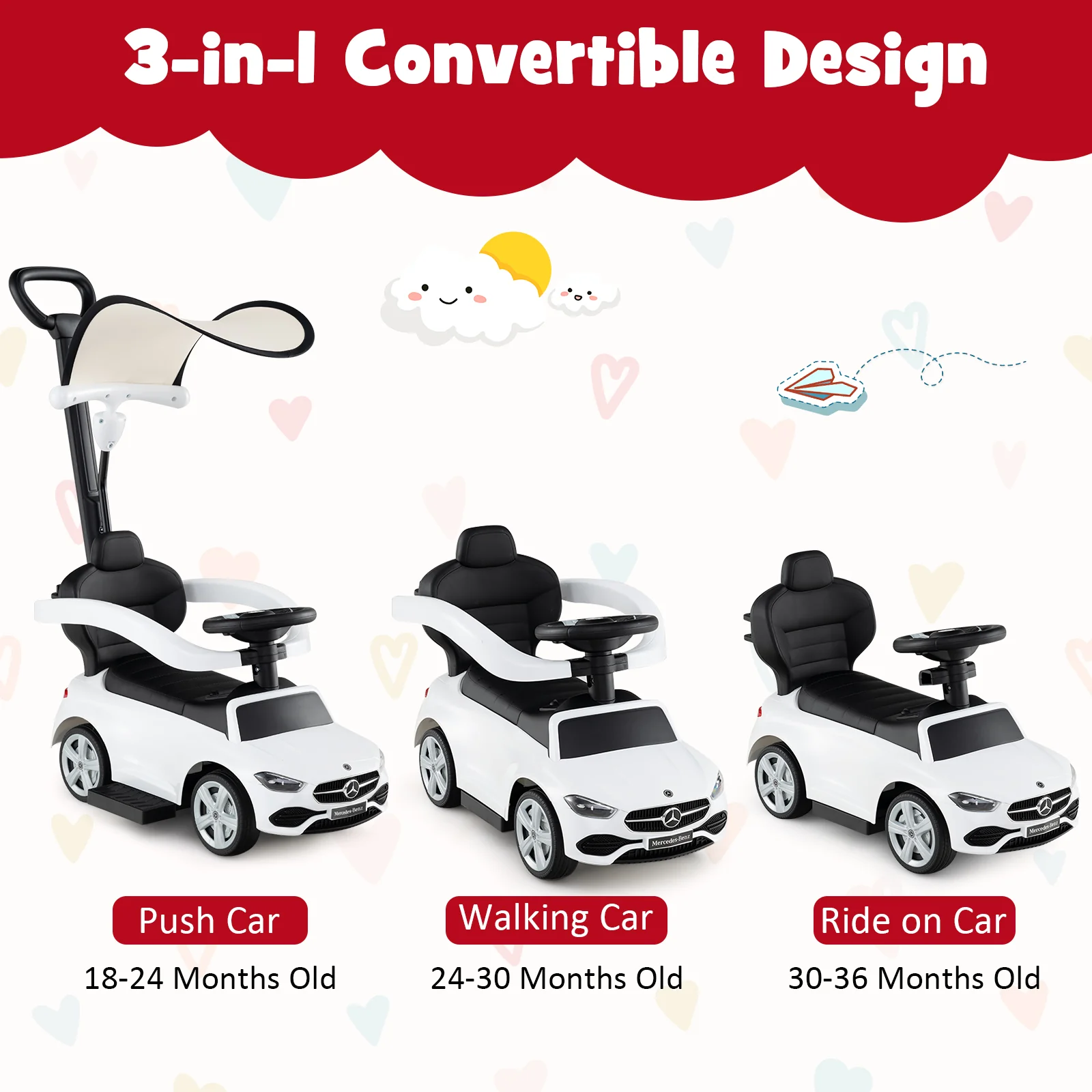 HONEY JOY 3-in-1 Ride on Push Car, Mercedes-Benz Licensed Foot to Floor Sliding Car w/Adjustable Canopy & Steering Push Bar - Image 4