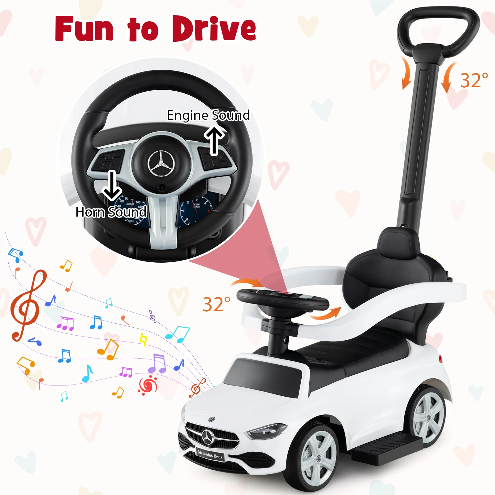 HONEY JOY 3-in-1 Ride on Push Car, Mercedes-Benz Licensed Foot to Floor Sliding Car w/Adjustable Canopy & Steering Push Bar - Image 6