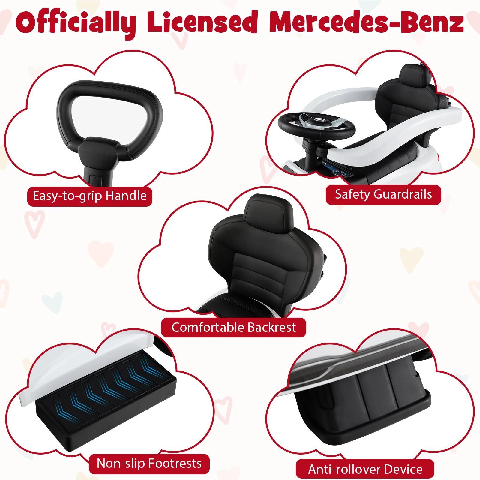HONEY JOY 3-in-1 Ride on Push Car, Mercedes-Benz Licensed Foot to Floor Sliding Car w/Adjustable Canopy & Steering Push Bar - Image 9