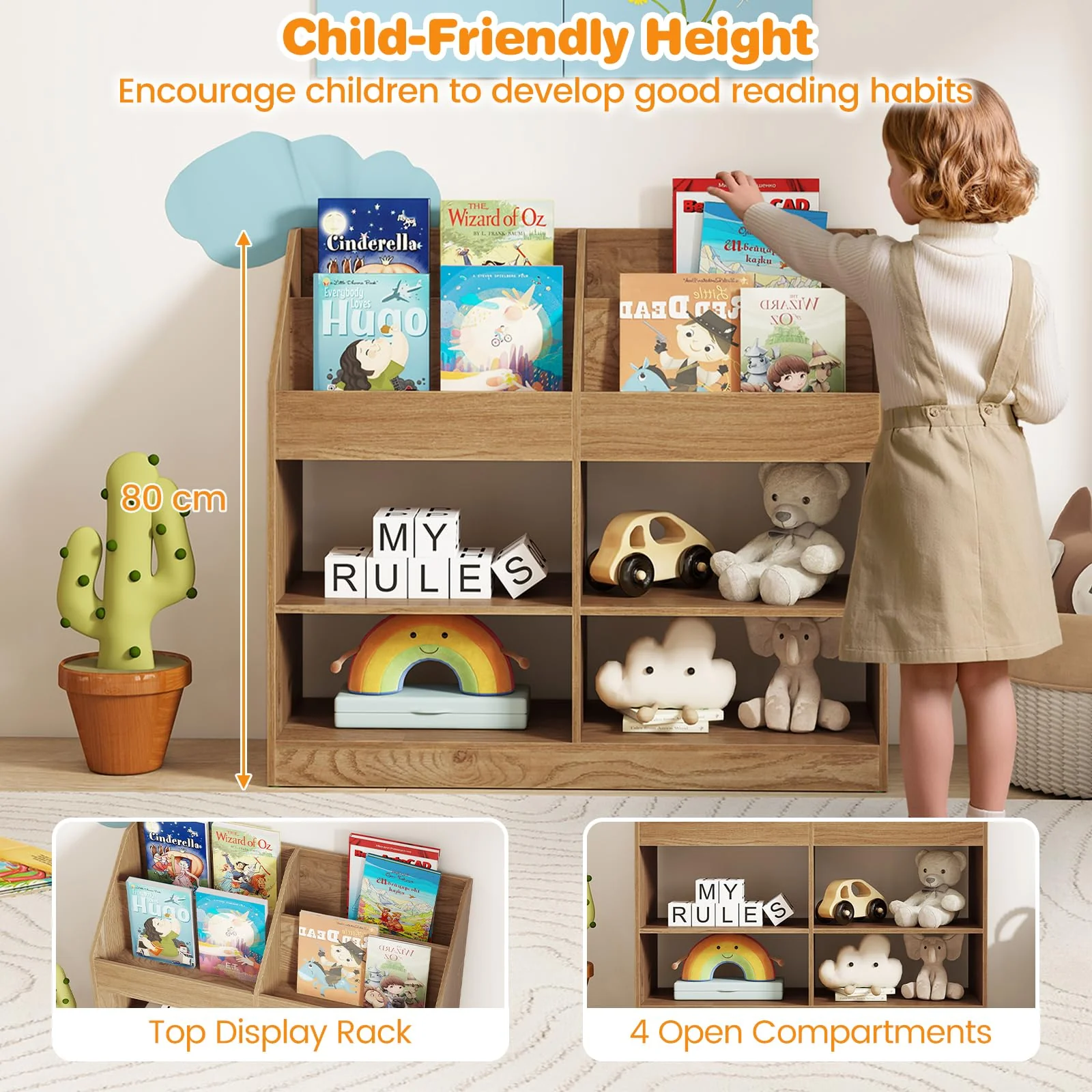 HONEY JOY 3-Tier Kids Bookshelf, Montessori Cube Bookcase for Nursery, Classroom - Image 6