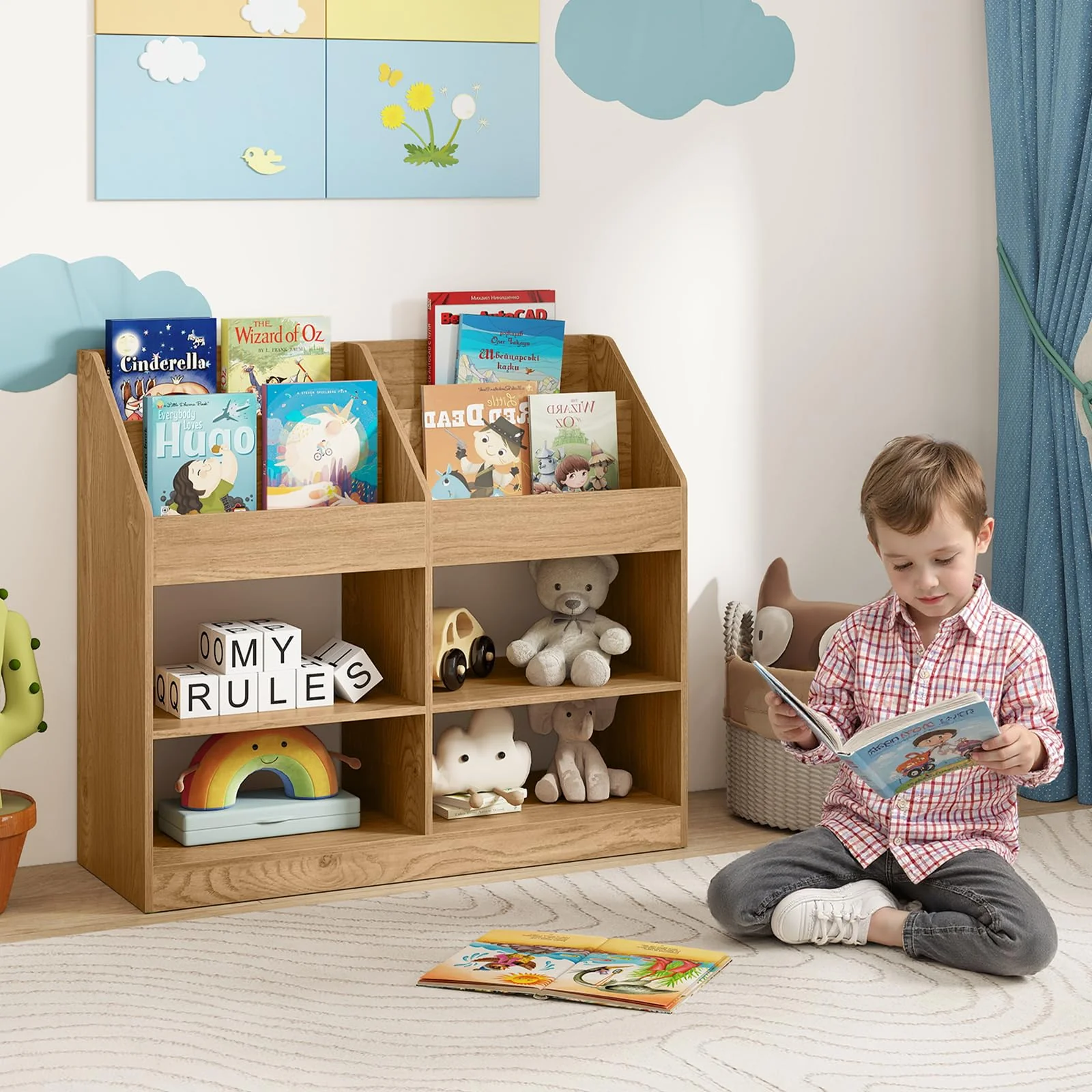 HONEY JOY 3-Tier Kids Bookshelf, Montessori Cube Bookcase for Nursery, Classroom - Image 8