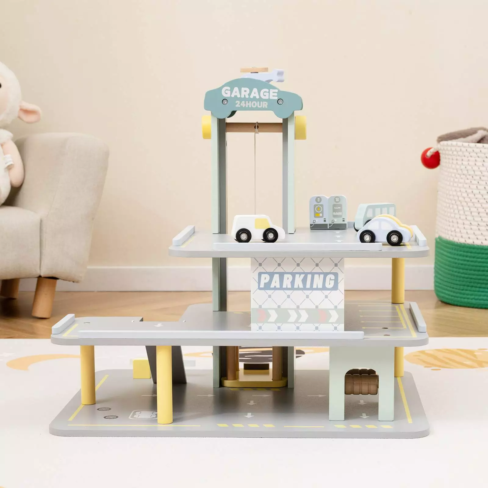 HONEY JOY 3-Tier Wooden Garage Playset, Pretend Play Parking Lot w/Working Elevator - Image 2