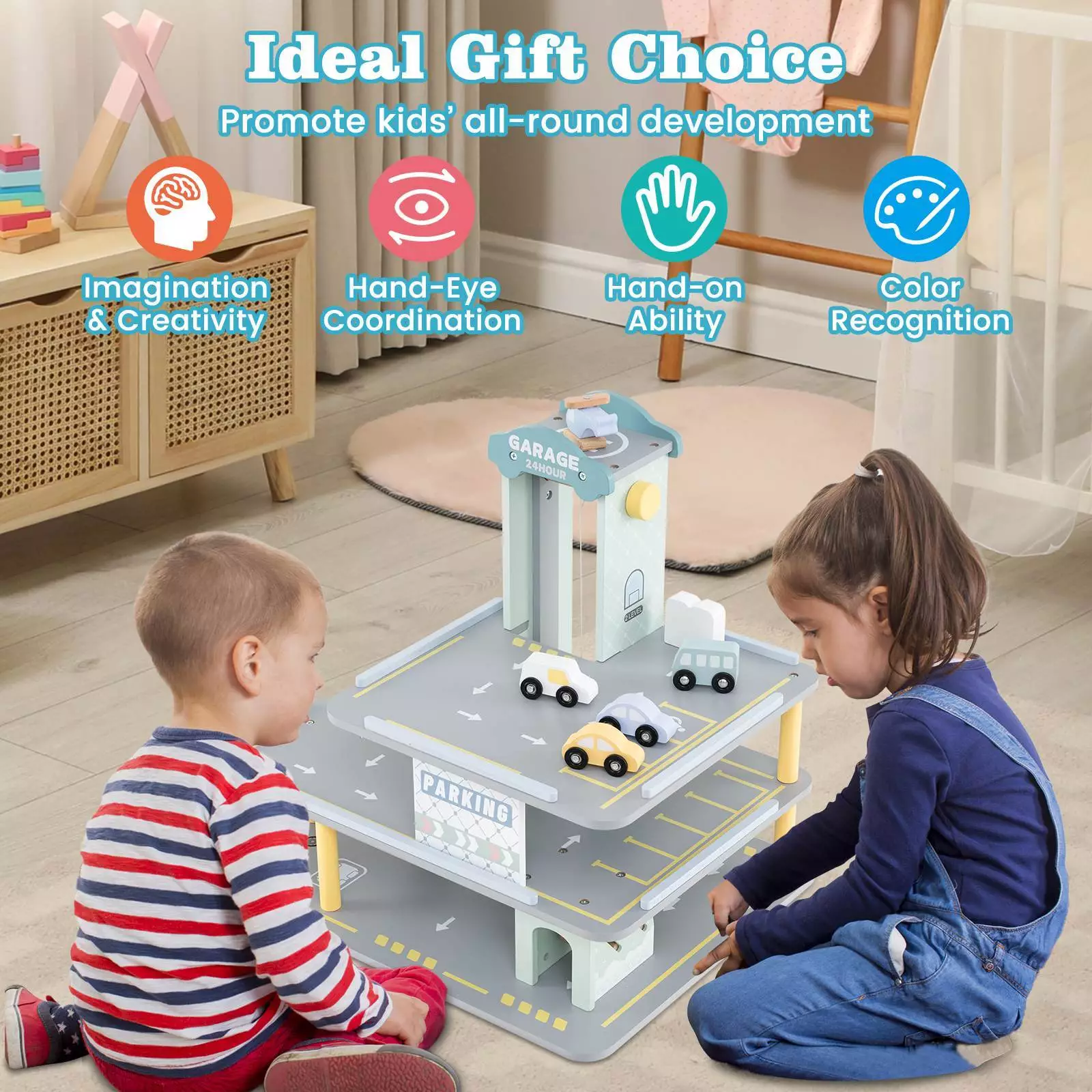 HONEY JOY 3-Tier Wooden Garage Playset, Pretend Play Parking Lot w/Working Elevator - Image 4