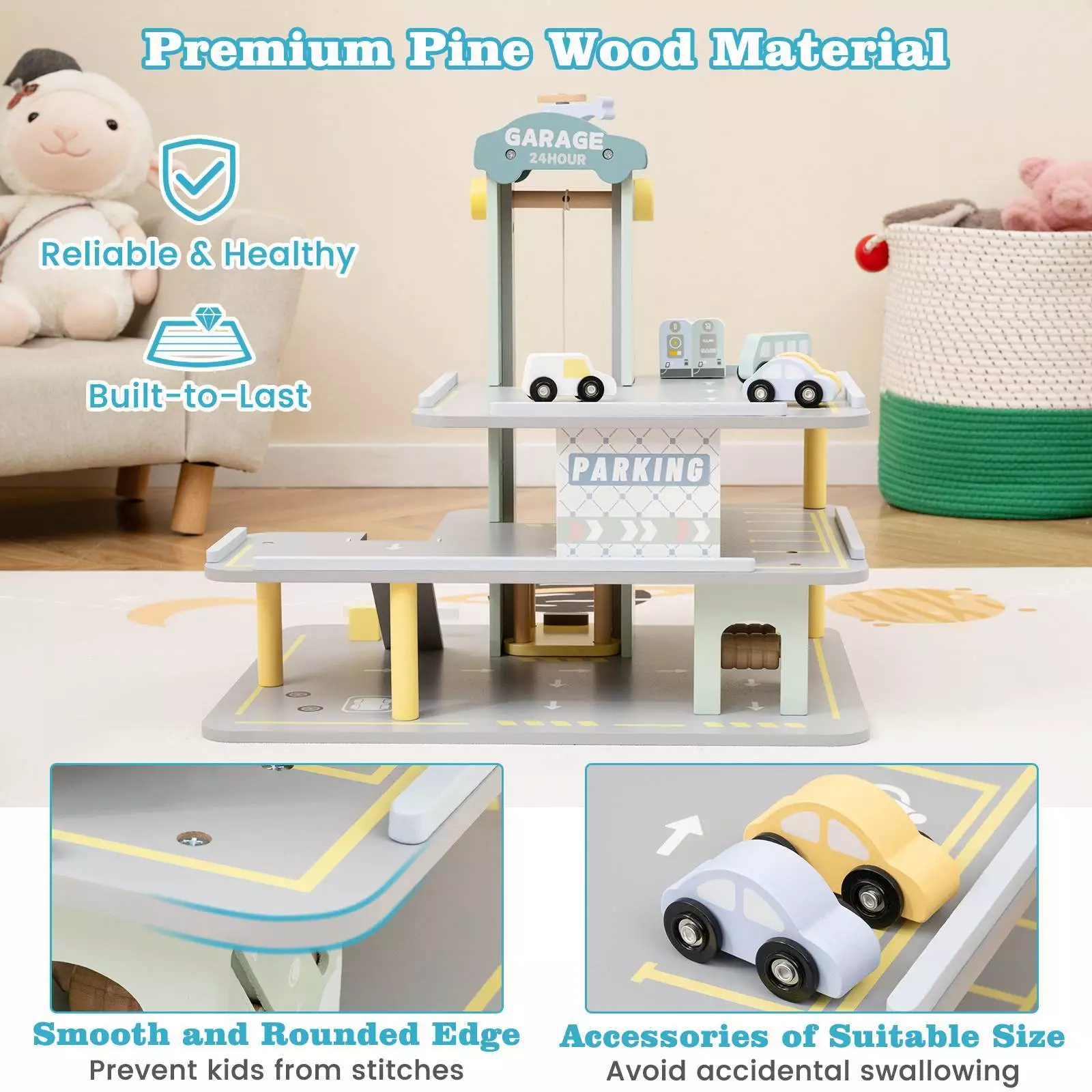 HONEY JOY 3-Tier Wooden Garage Playset, Pretend Play Parking Lot w/Working Elevator - Image 5