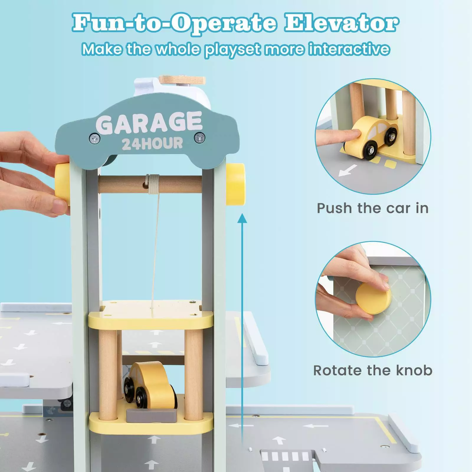 HONEY JOY 3-Tier Wooden Garage Playset, Pretend Play Parking Lot w/Working Elevator - Image 7