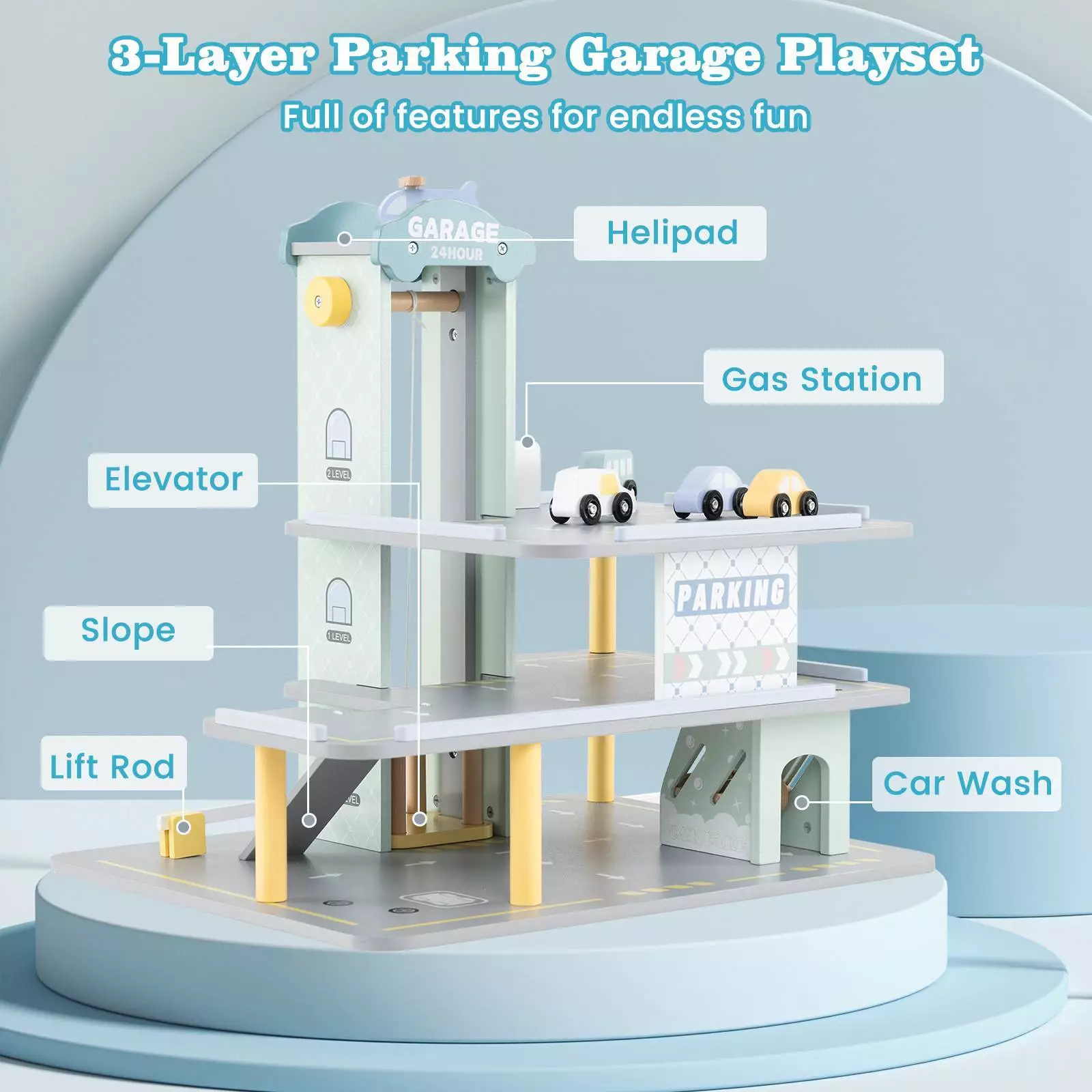 HONEY JOY 3-Tier Wooden Garage Playset, Pretend Play Parking Lot w/Working Elevator - Image 8
