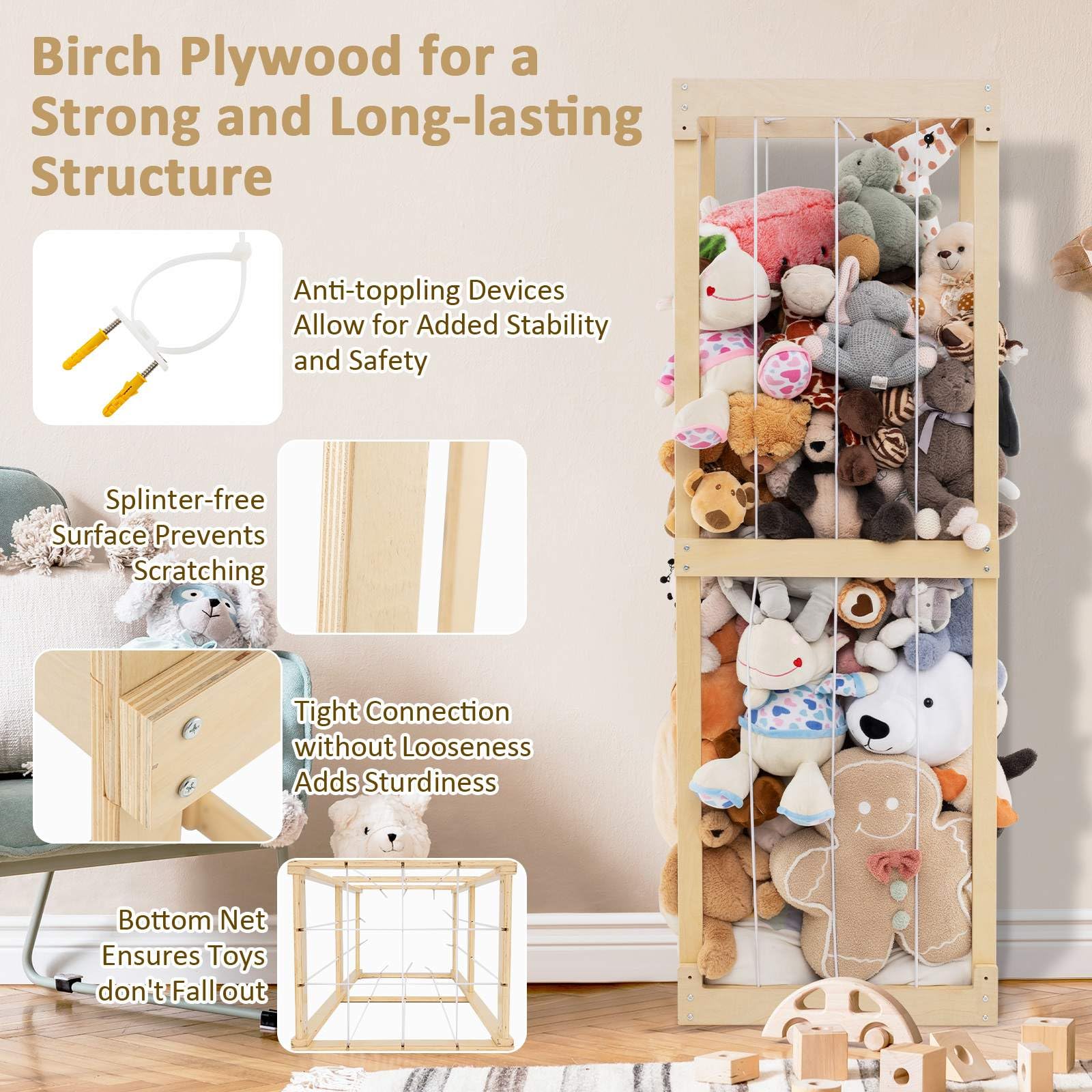 HONEY JOY 300L Large Stuffed Animal Storage, Space-saving Toy Storage Organiser w/Open Top & Elastic Cords - Image 4
