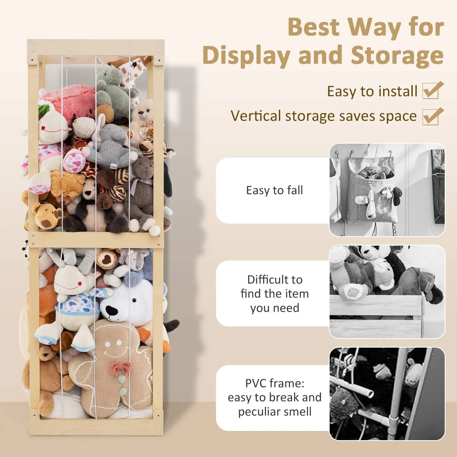 HONEY JOY 300L Large Stuffed Animal Storage, Space-saving Toy Storage Organiser w/Open Top & Elastic Cords - Image 5