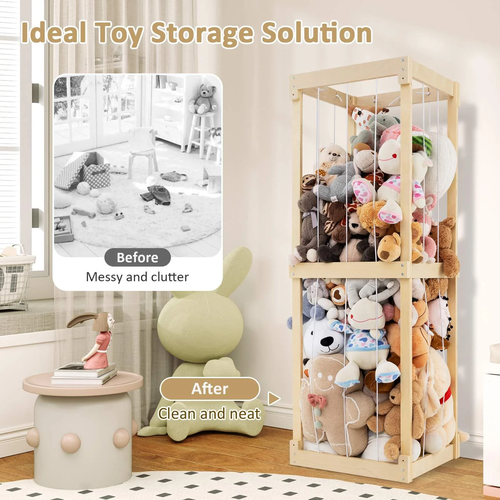 HONEY JOY 300L Large Stuffed Animal Storage, Space-saving Toy Storage Organiser w/Open Top & Elastic Cords - Image 7
