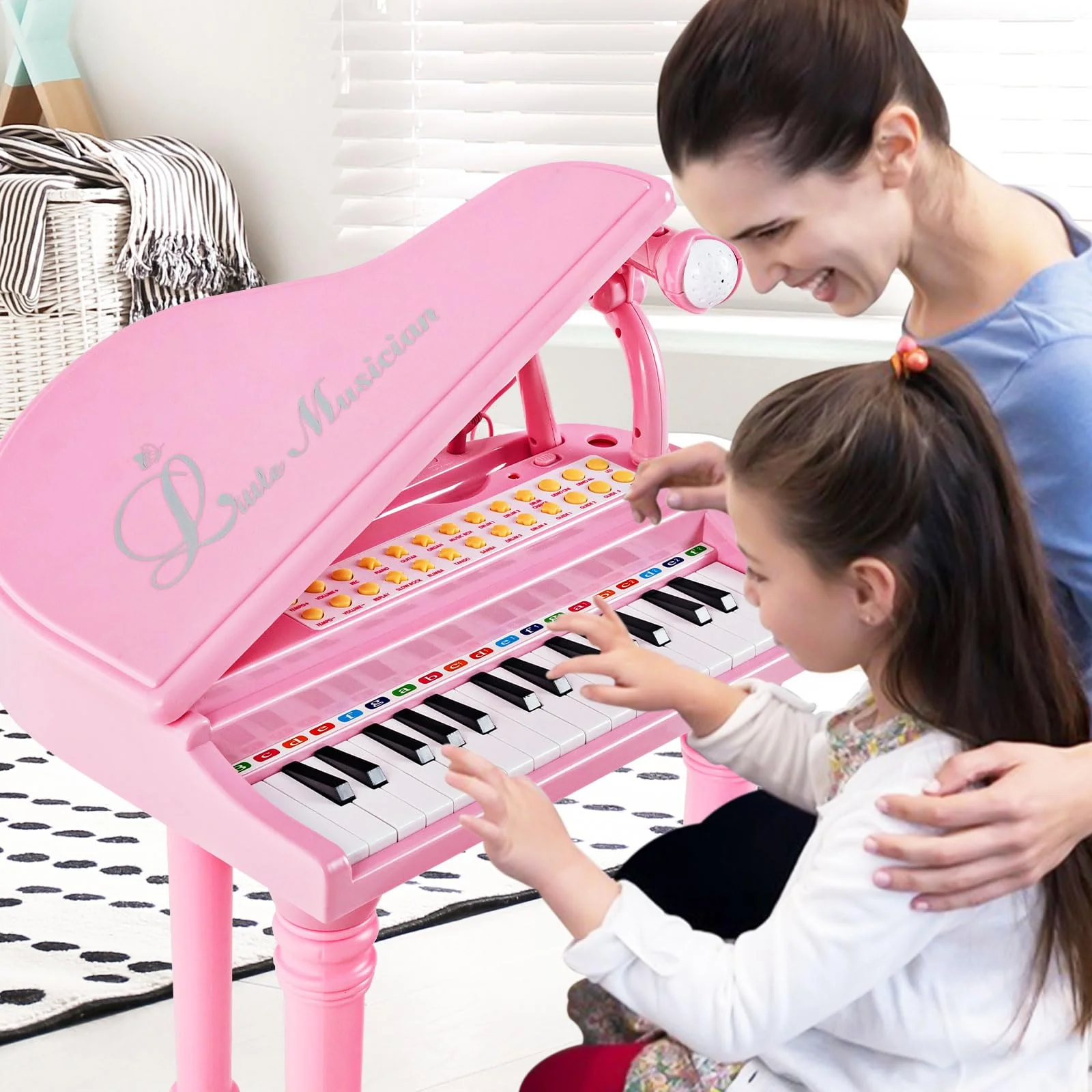 HONEY JOY 31 Keys Kids Piano Keyboard with Stool, Multifunctional Toy Piano with Microphone, Piano Lid (Pink) - Image 2
