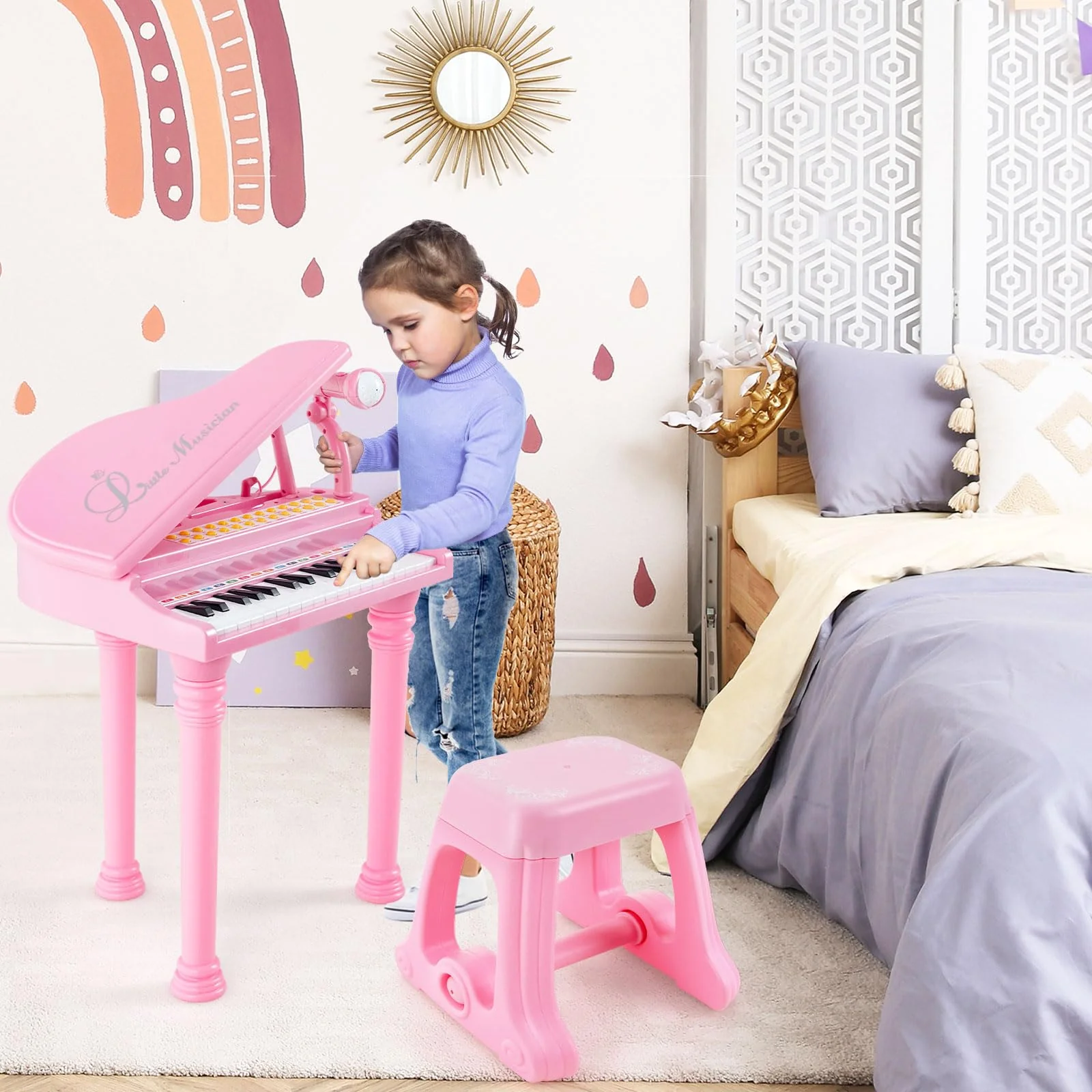 HONEY JOY 31 Keys Kids Piano Keyboard with Stool, Multifunctional Toy Piano with Microphone, Piano Lid (Pink) - Image 3