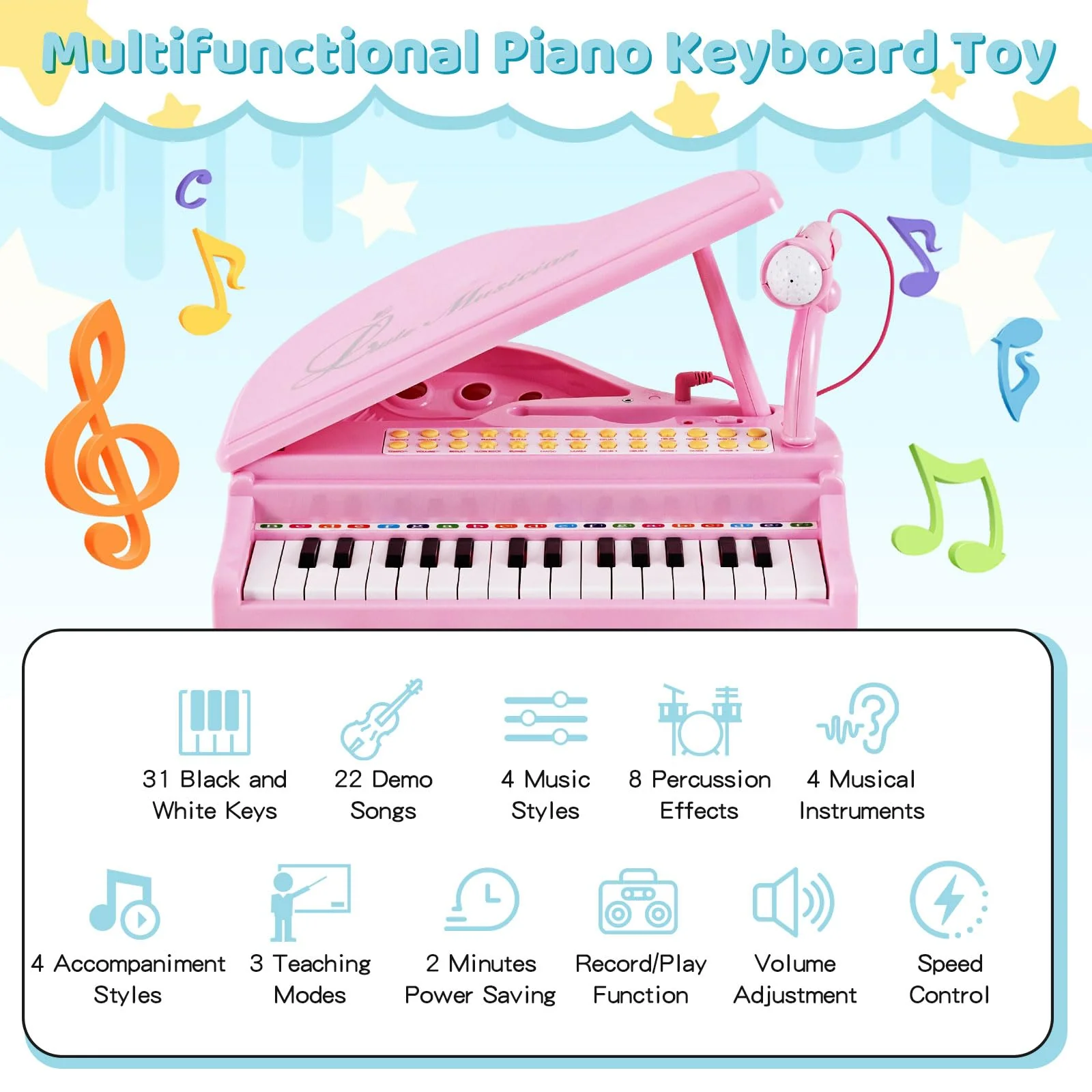HONEY JOY 31 Keys Kids Piano Keyboard with Stool, Multifunctional Toy Piano with Microphone, Piano Lid (Pink) - Image 4