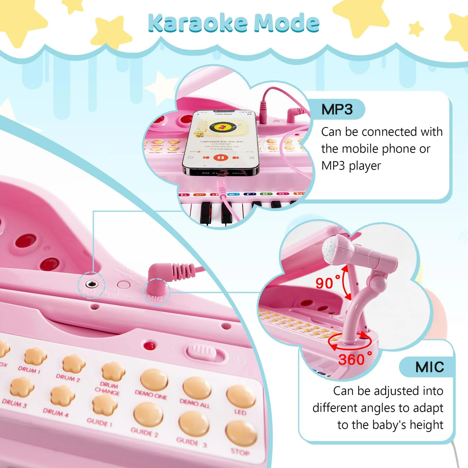 HONEY JOY 31 Keys Kids Piano Keyboard with Stool, Multifunctional Toy Piano with Microphone, Piano Lid (Pink) - Image 5
