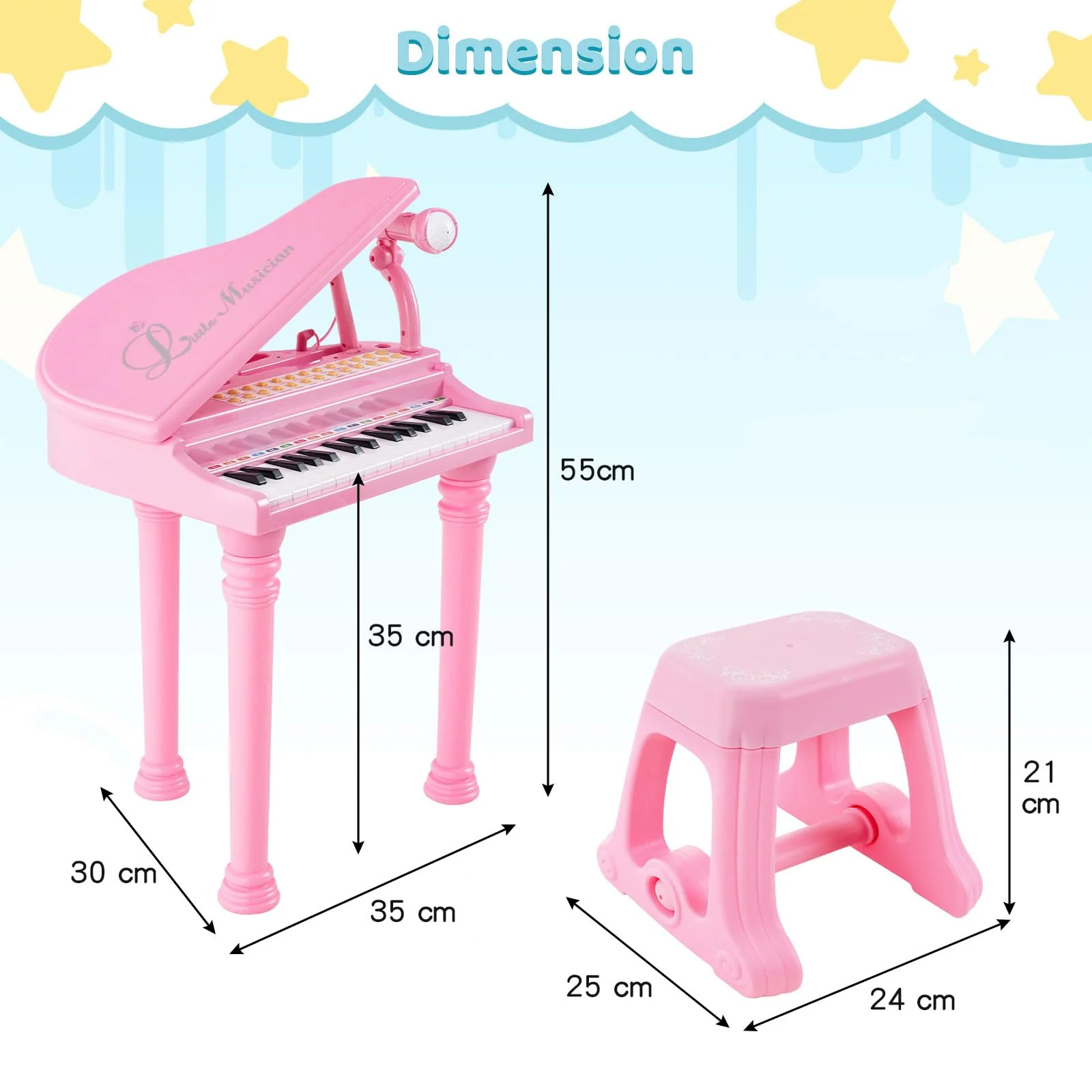 HONEY JOY 31 Keys Kids Piano Keyboard with Stool, Multifunctional Toy Piano with Microphone, Piano Lid (Pink) - Image 6