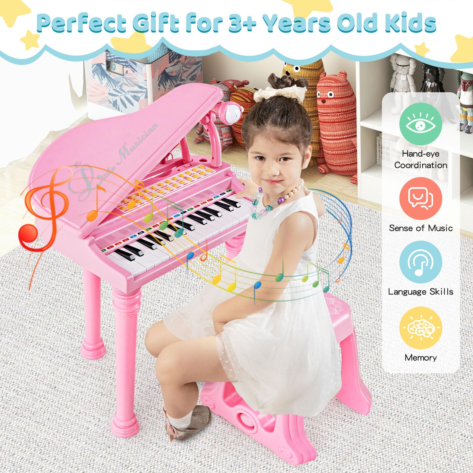 HONEY JOY 31 Keys Kids Piano Keyboard with Stool, Multifunctional Toy Piano with Microphone, Piano Lid (Pink) - Image 7
