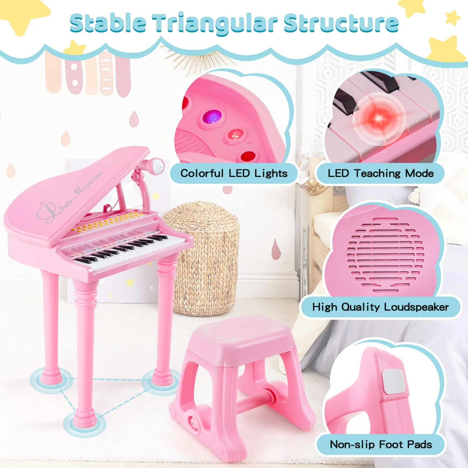 HONEY JOY 31 Keys Kids Piano Keyboard with Stool, Multifunctional Toy Piano with Microphone, Piano Lid (Pink) - Image 8