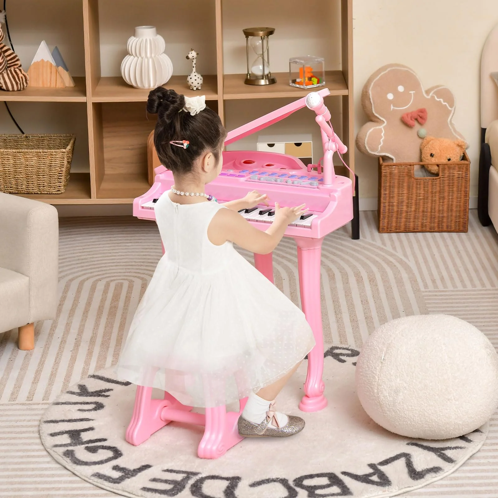 HONEY JOY 31 Keys Kids Piano Keyboard with Stool, Multifunctional Toy Piano with Microphone, Piano Lid (Pink) - Image 9