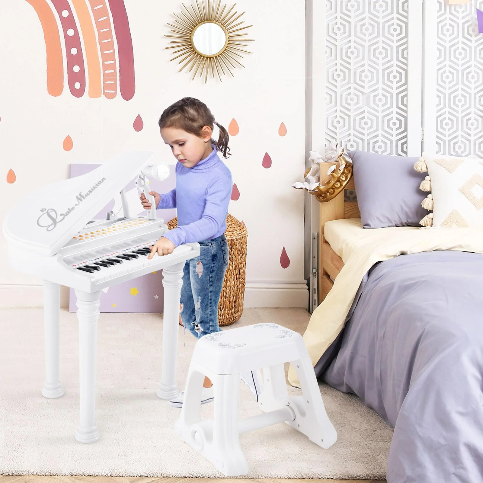 HONEY JOY 31 Keys Kids Piano Keyboard with Stool, Multifunctional Toy Piano with Microphone (White) - Image 3