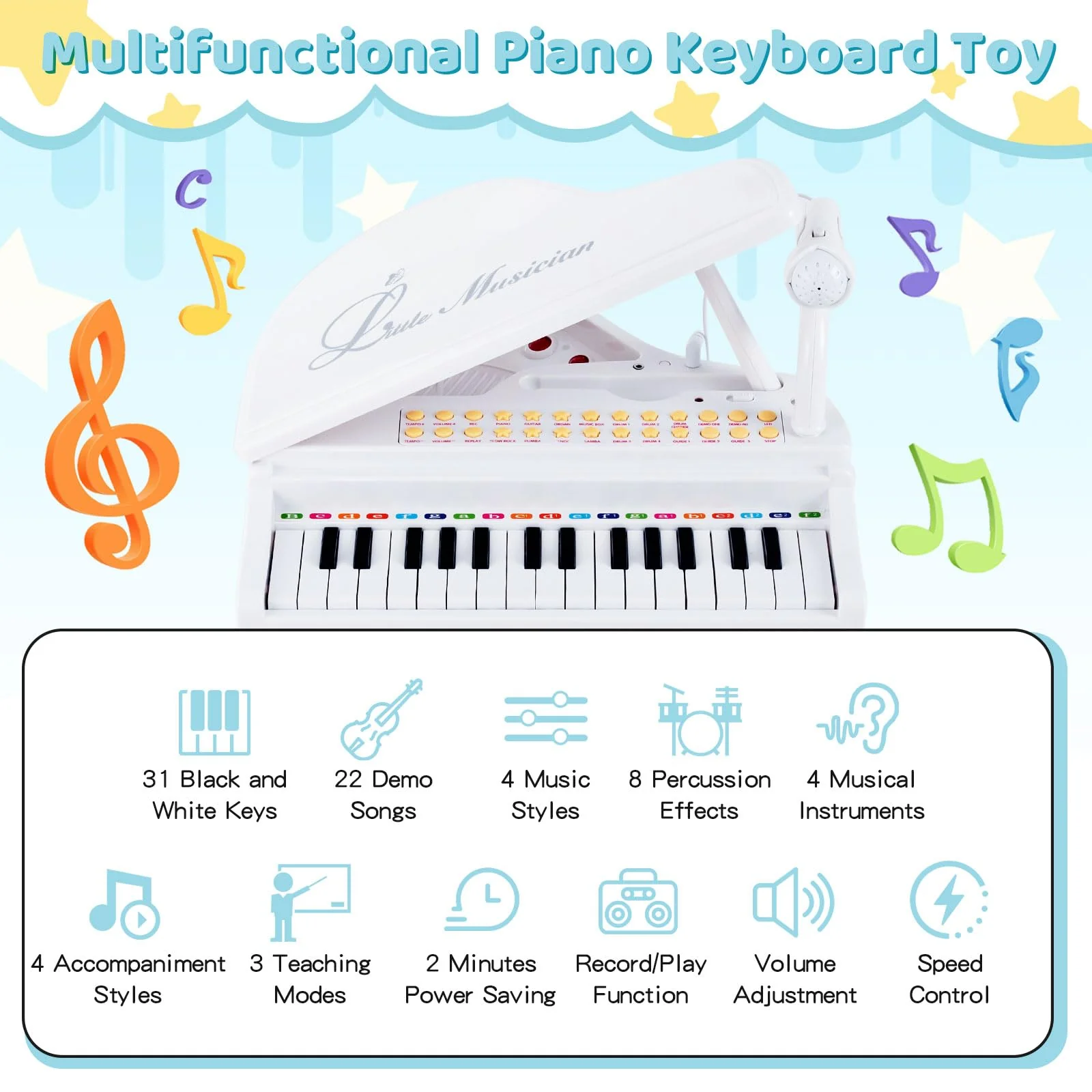 HONEY JOY 31 Keys Kids Piano Keyboard with Stool, Multifunctional Toy Piano with Microphone (White) - Image 4