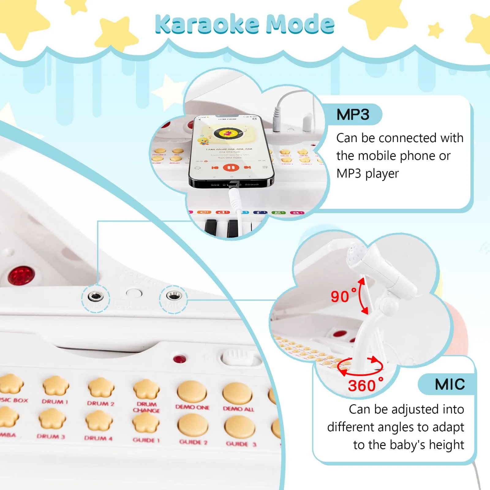 HONEY JOY 31 Keys Kids Piano Keyboard with Stool, Multifunctional Toy Piano with Microphone (White) - Image 5