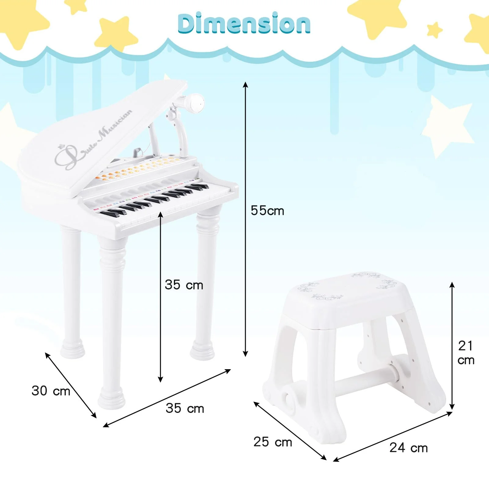 HONEY JOY 31 Keys Kids Piano Keyboard with Stool, Multifunctional Toy Piano with Microphone (White) - Image 6