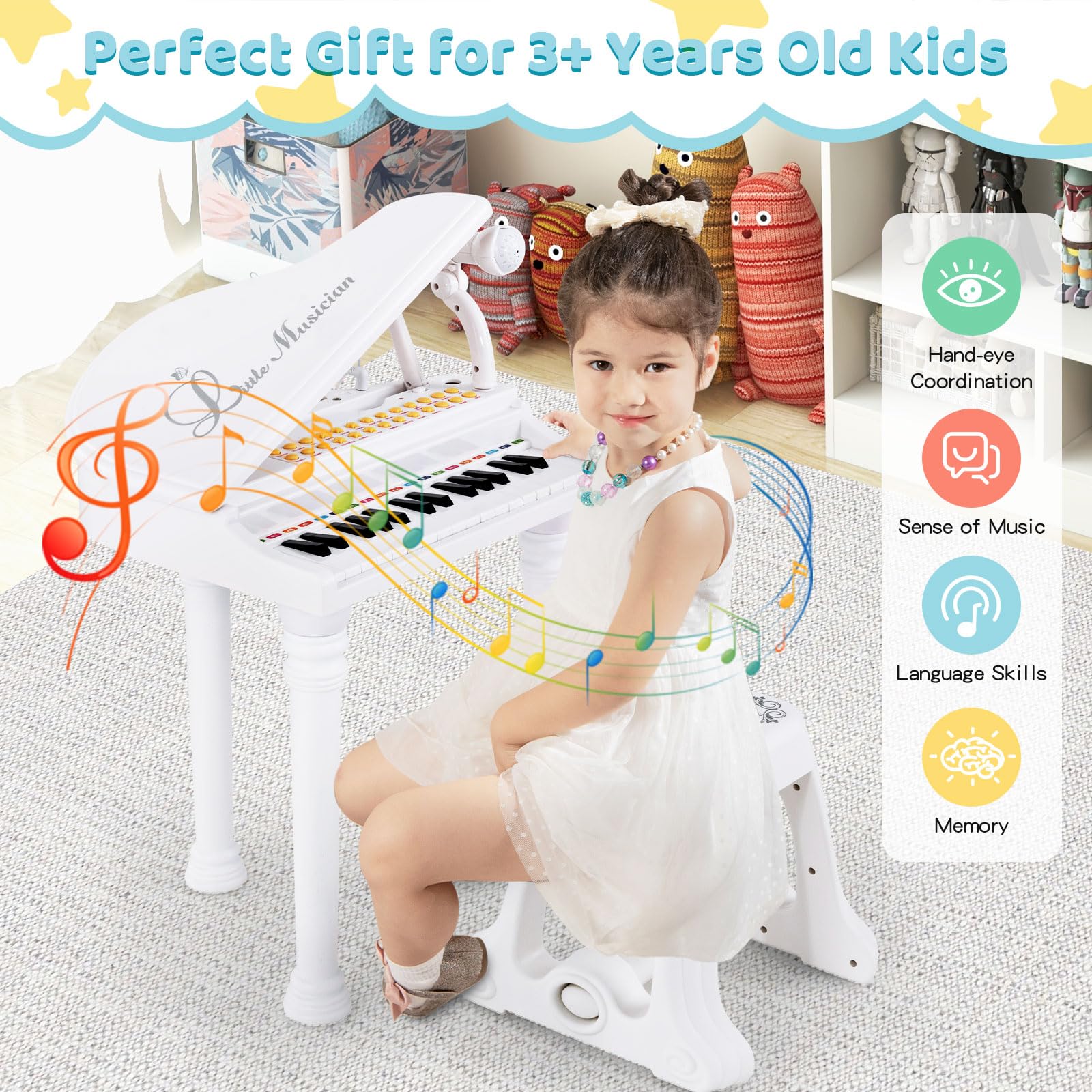 HONEY JOY 31 Keys Kids Piano Keyboard with Stool, Multifunctional Toy Piano with Microphone (White) - Image 7