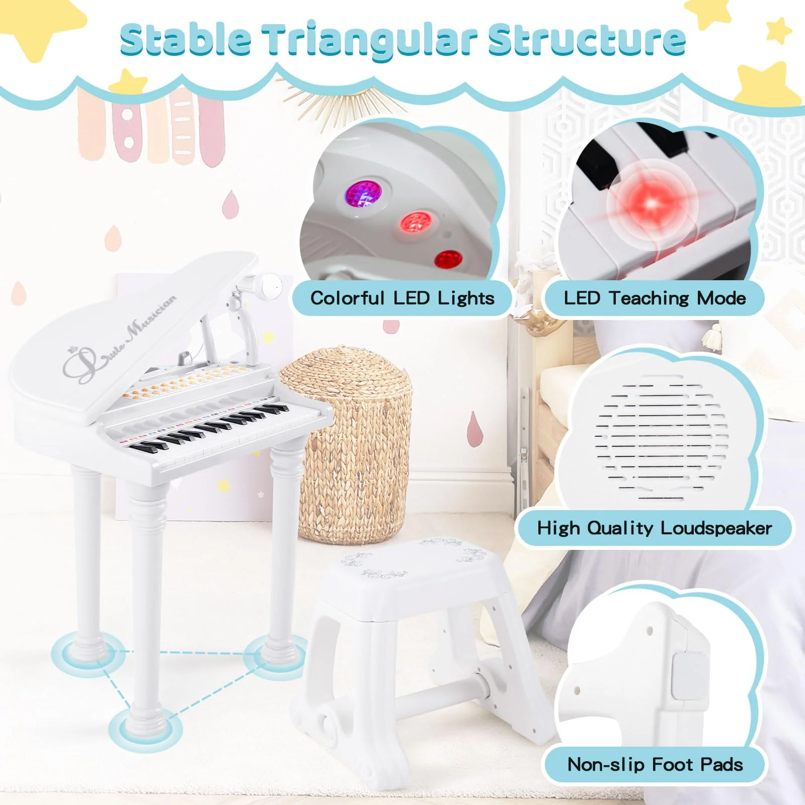 HONEY JOY 31 Keys Kids Piano Keyboard with Stool, Multifunctional Toy Piano with Microphone (White) - Image 8