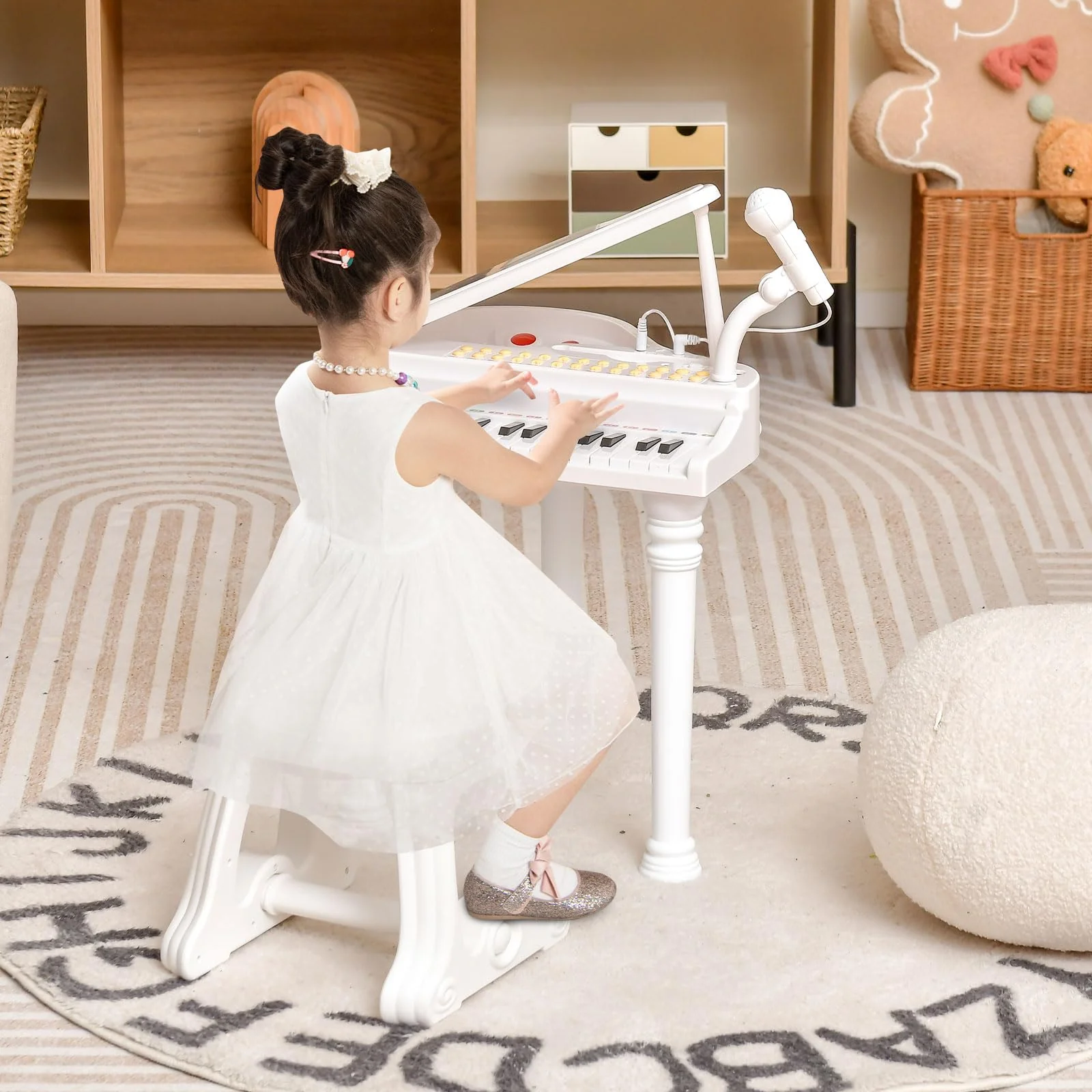 HONEY JOY 31 Keys Kids Piano Keyboard with Stool, Multifunctional Toy Piano with Microphone (White) - Image 9