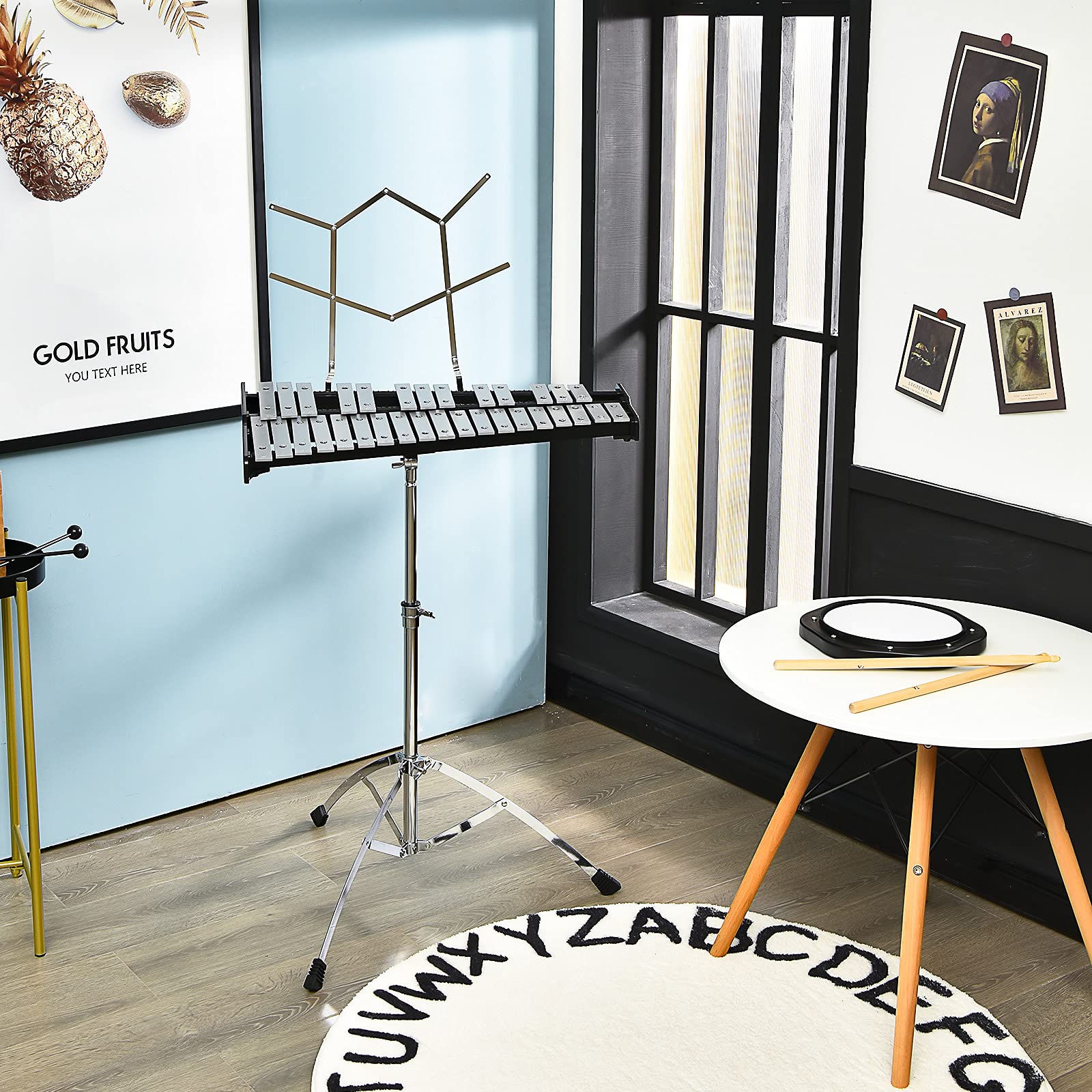 HONEY JOY 32 Note Glockenspiel Xylophone Percussion Bell Kit with Adjustable Stand, 8'' Practice Pad - Image 2
