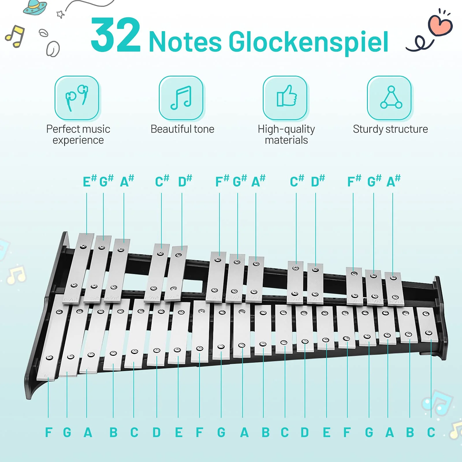 HONEY JOY 32 Note Glockenspiel Xylophone Percussion Bell Kit with Adjustable Stand, 8'' Practice Pad - Image 3