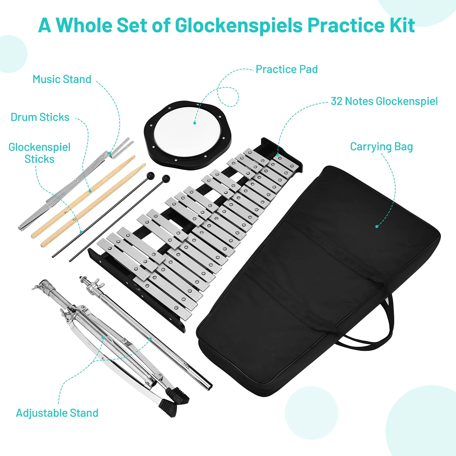 HONEY JOY 32 Note Glockenspiel Xylophone Percussion Bell Kit with Adjustable Stand, 8'' Practice Pad - Image 4