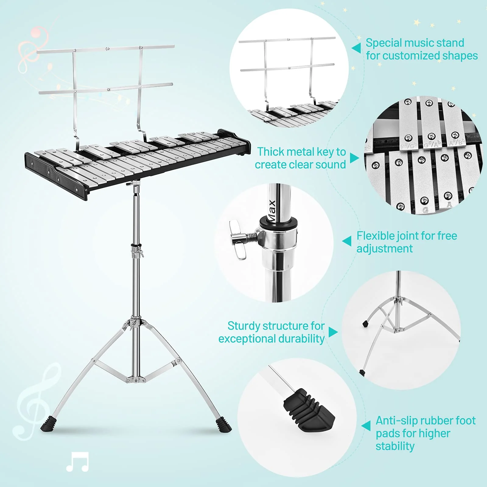 HONEY JOY 32 Note Glockenspiel Xylophone Percussion Bell Kit with Adjustable Stand, 8'' Practice Pad - Image 9